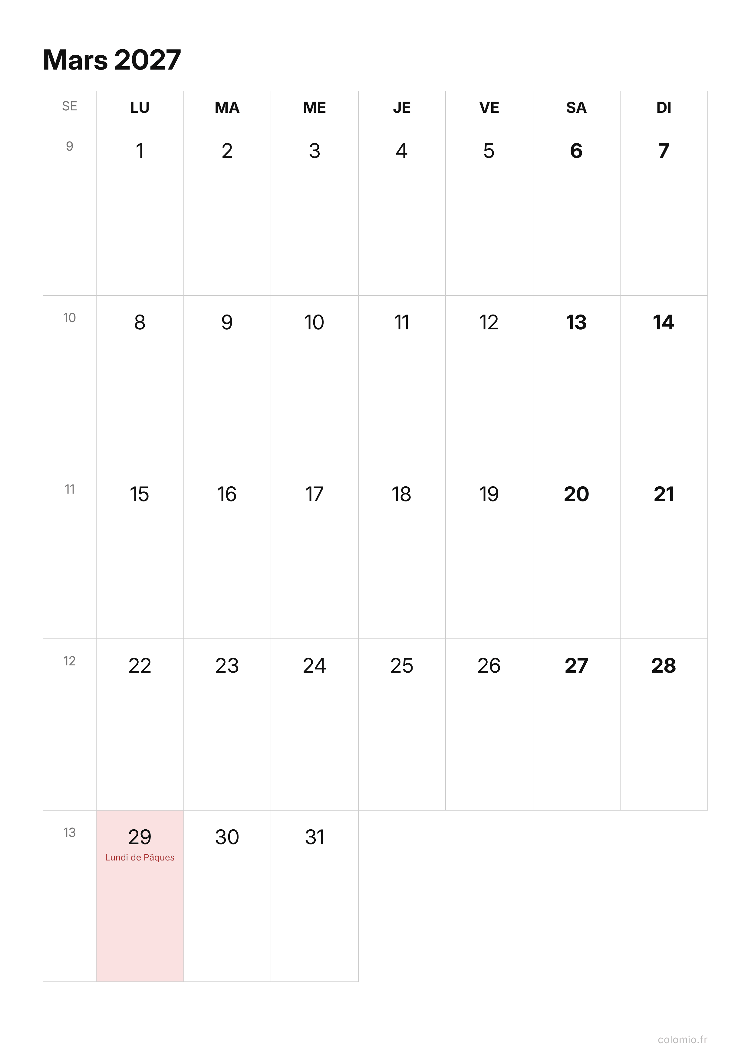 Calendrier Mars 2027 épuré · portrait, PDF à imprimer