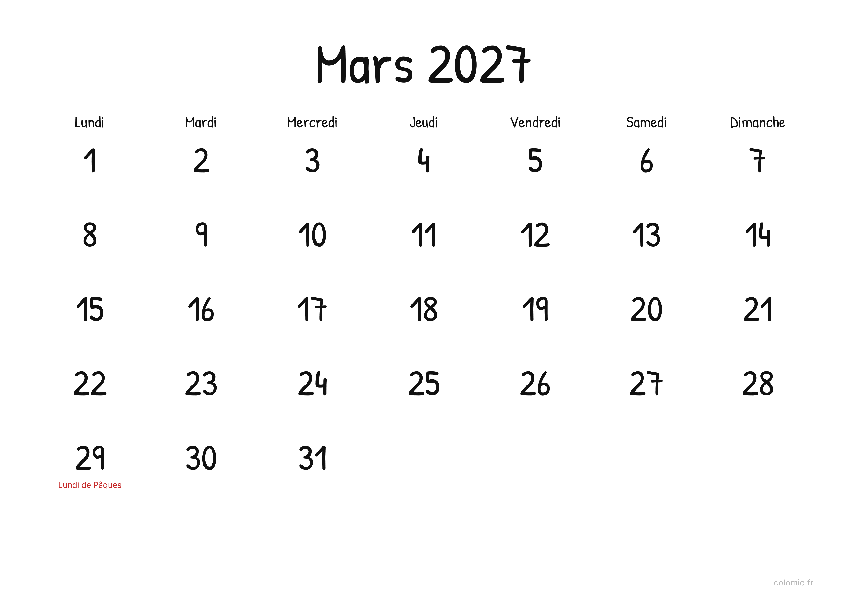 Calendrier Mars 2027 display · paysage, PDF à imprimer