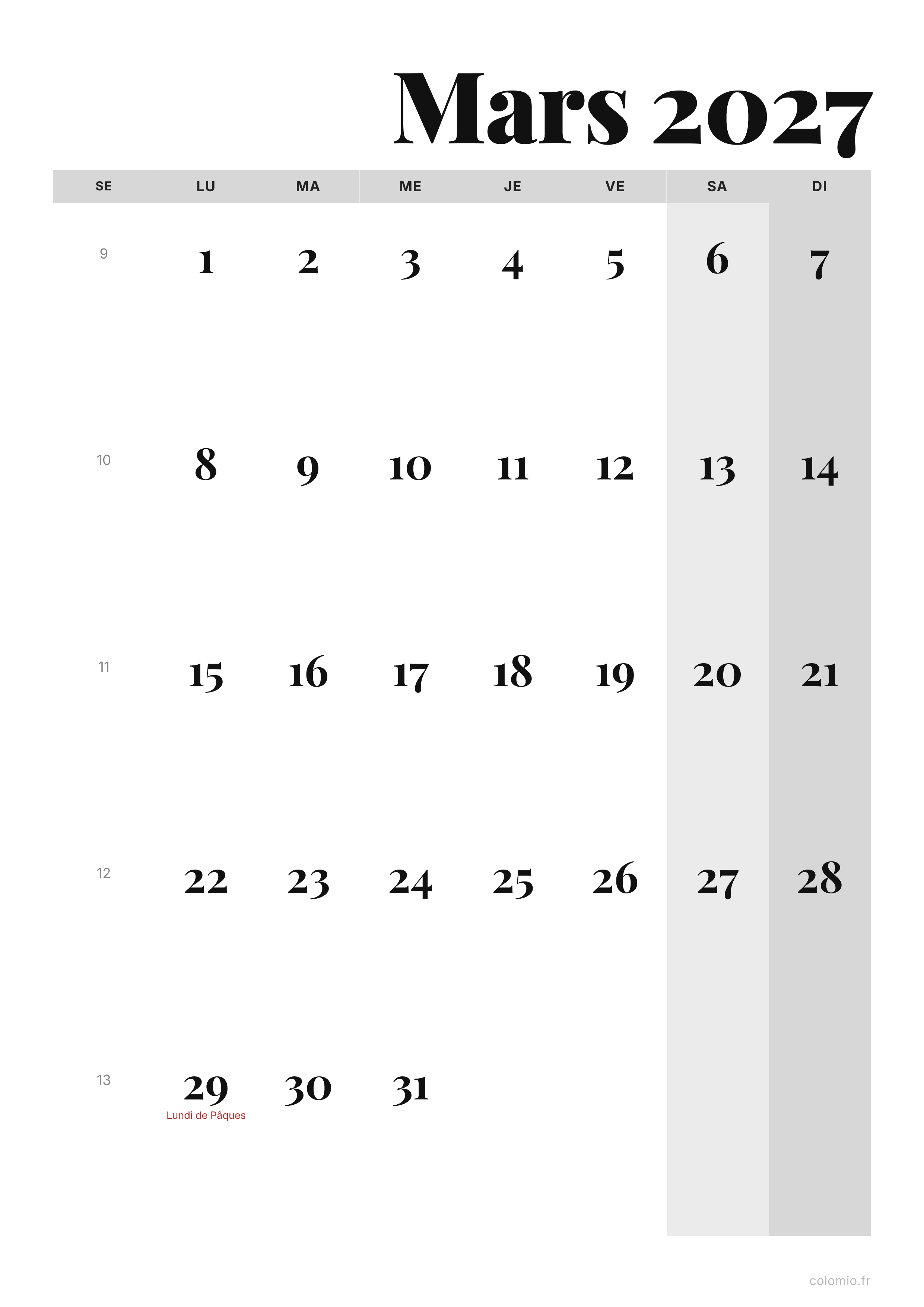 Calendrier Mars 2027 éditorial · portrait, PDF à imprimer