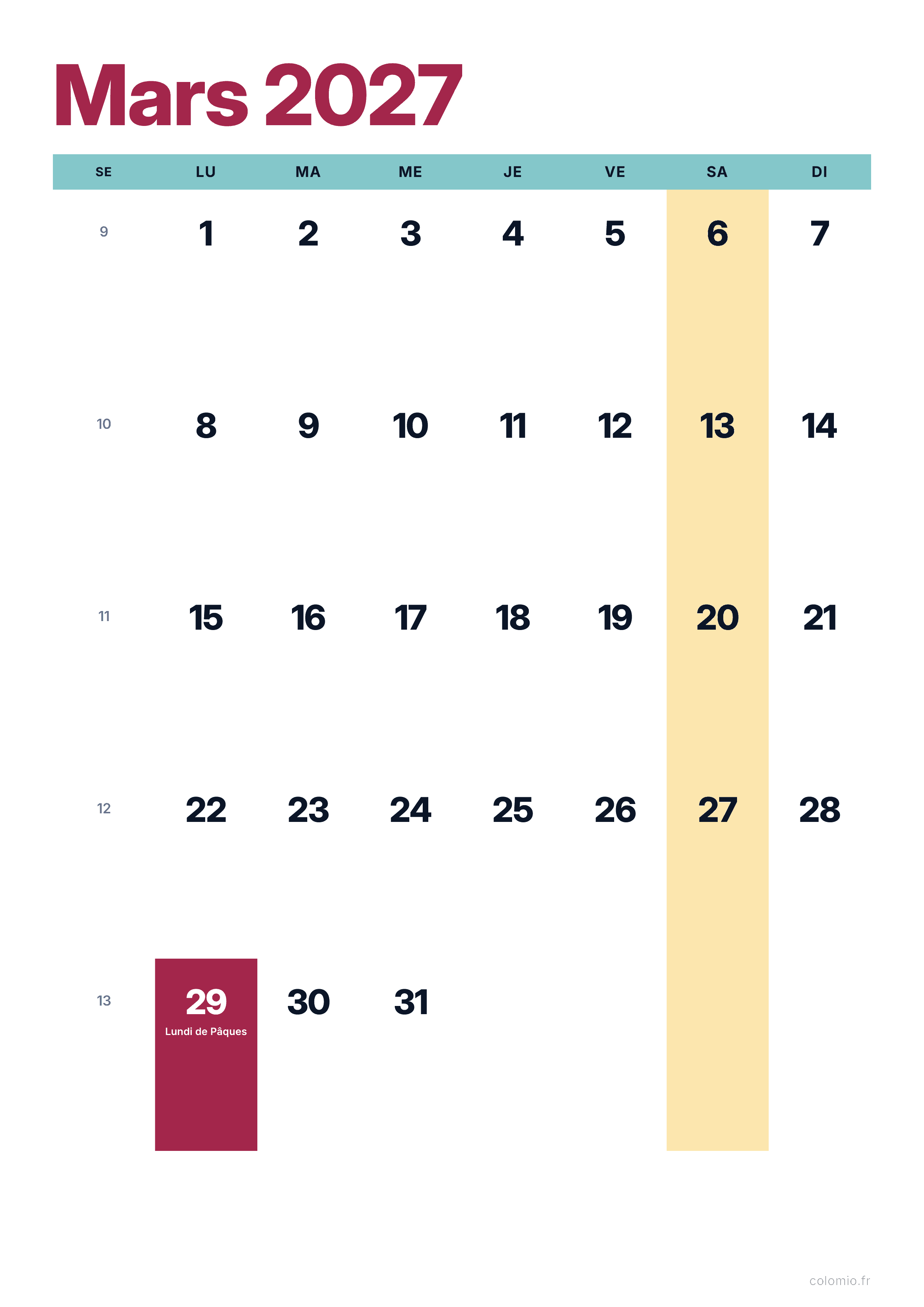 Calendrier Mars 2027 coloré & moderne · portrait, PDF à imprimer
