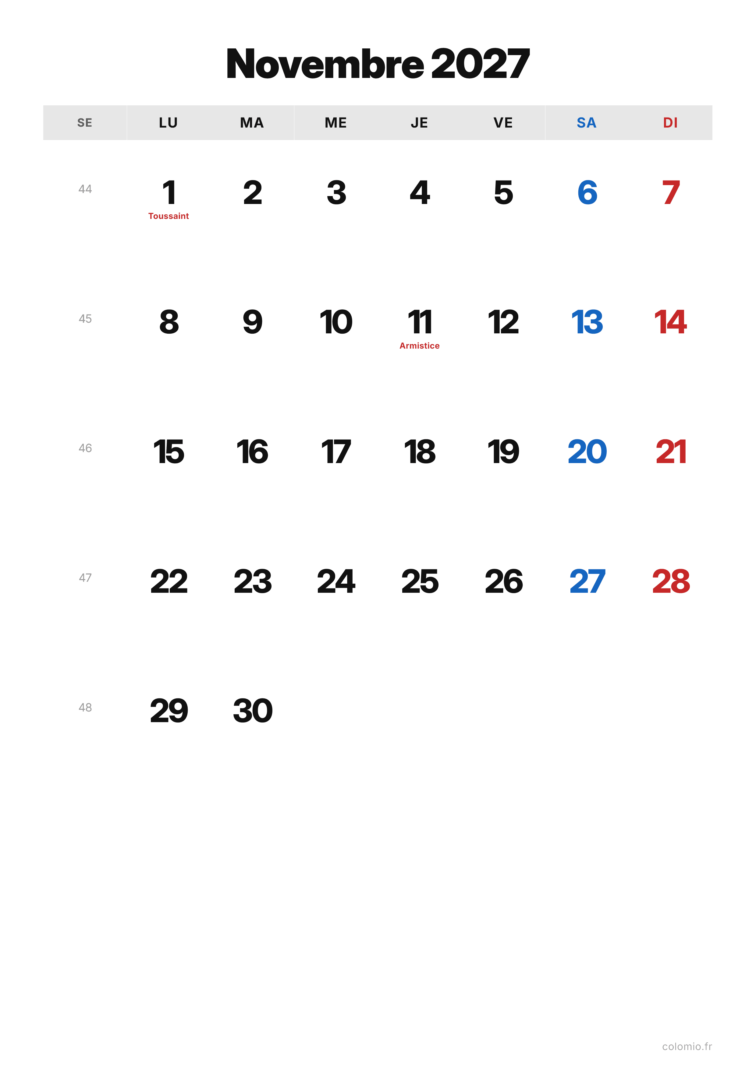 Calendrier Novembre 2027 classique · portrait, PDF à imprimer