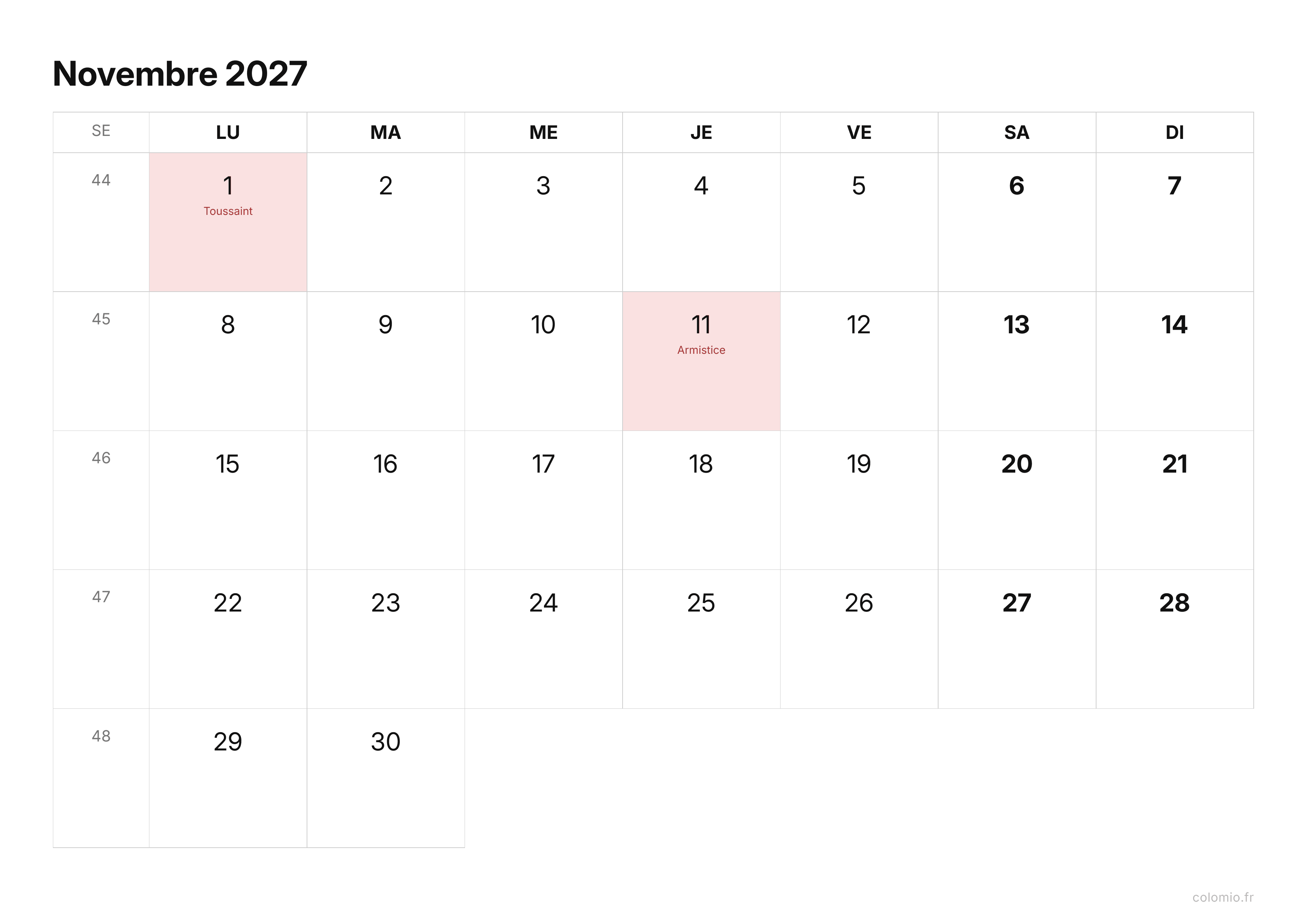 Calendrier Novembre 2027 épuré · paysage, PDF à imprimer
