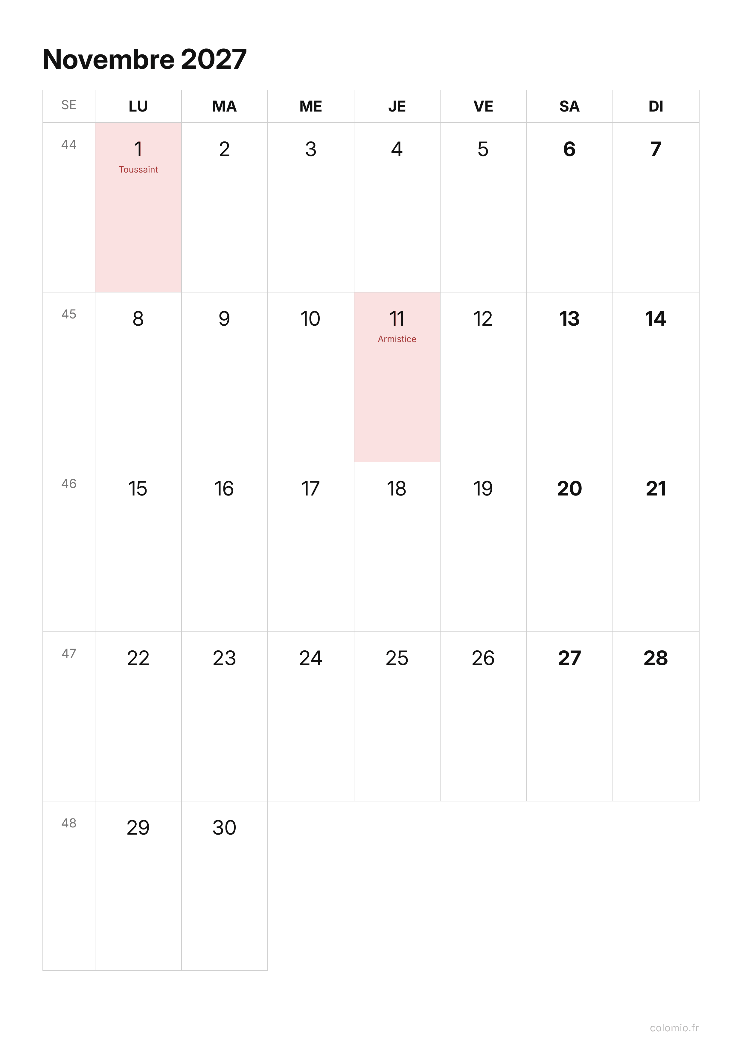 Calendrier Novembre 2027 épuré · portrait, PDF à imprimer