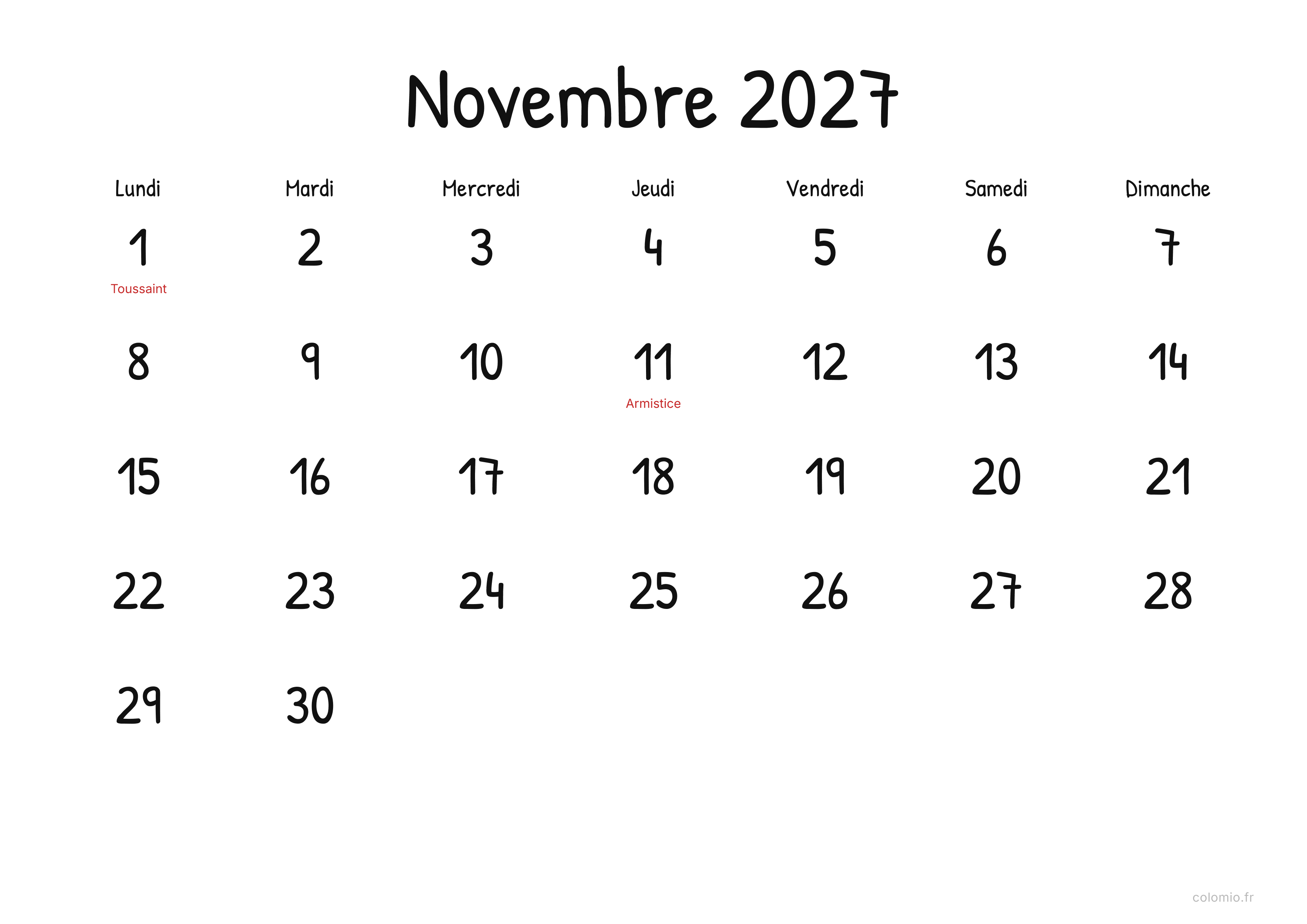 Calendrier Novembre 2027 display · paysage, PDF à imprimer