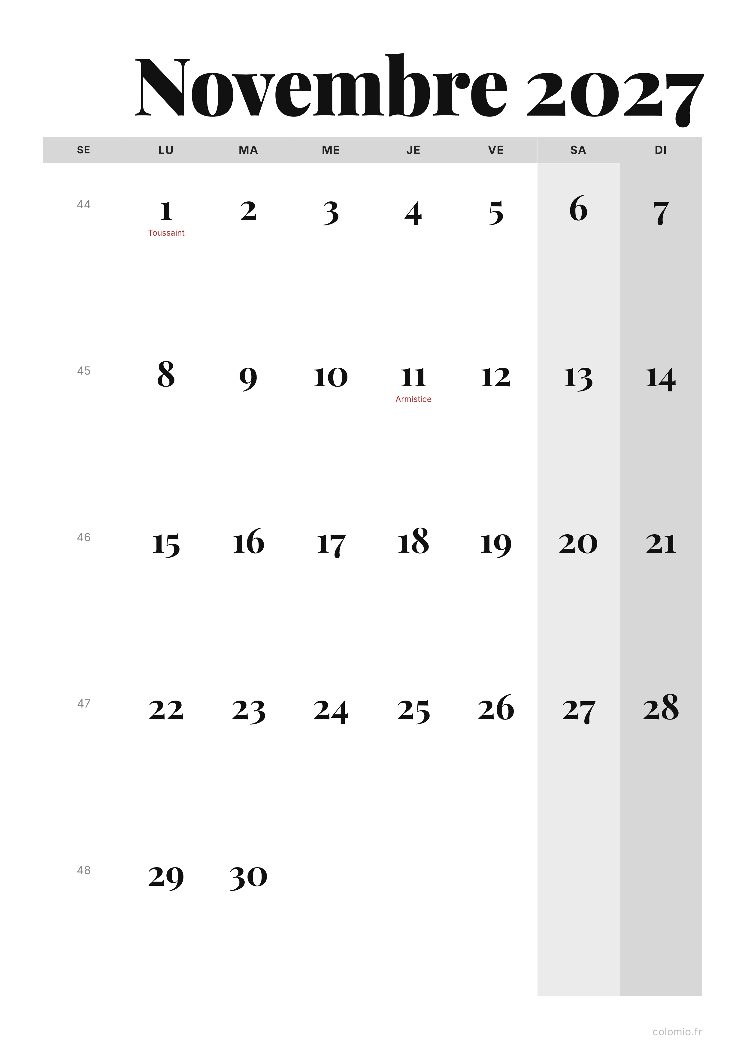 Calendrier Novembre 2027 éditorial · portrait, PDF à imprimer