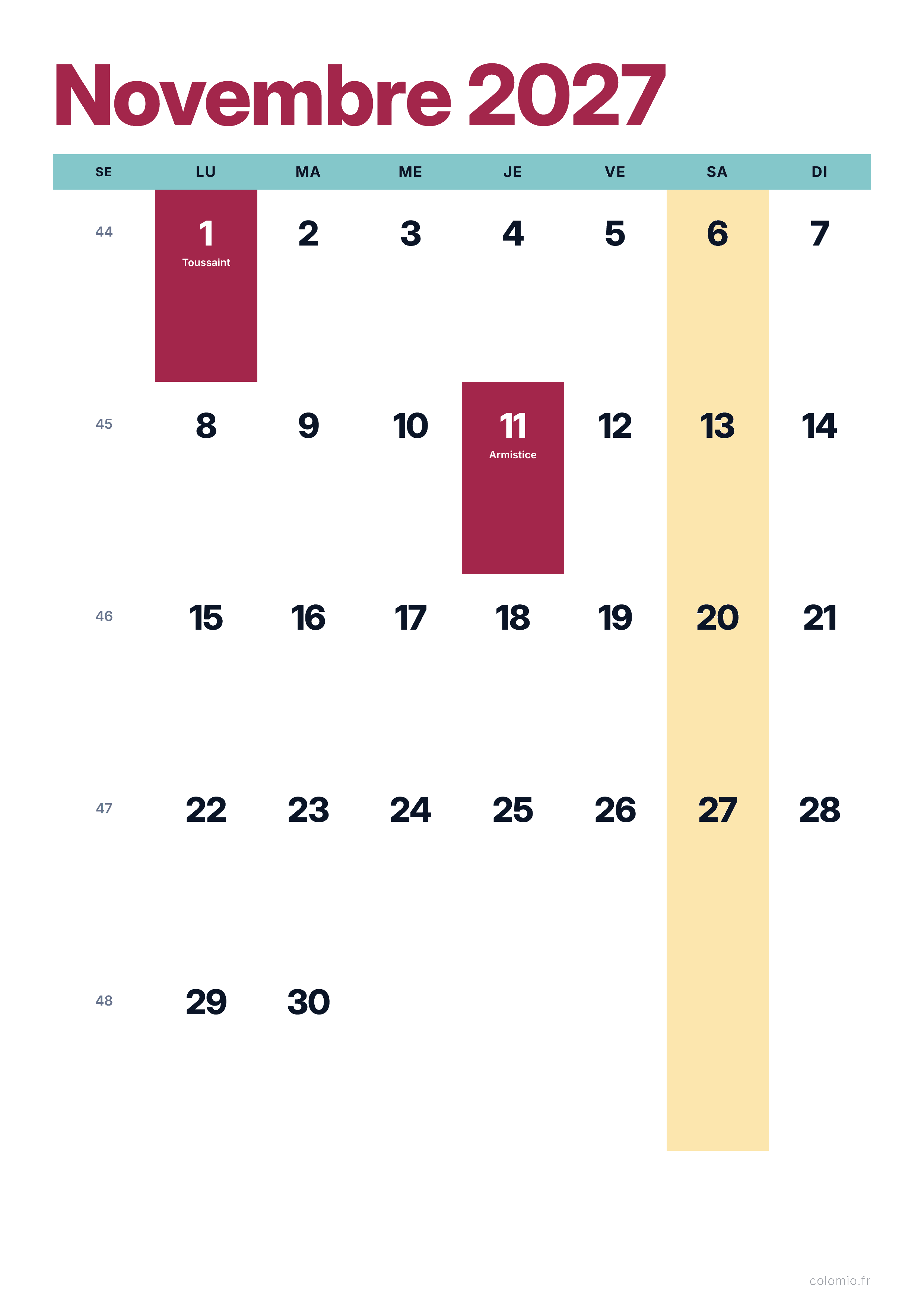 Calendrier Novembre 2027 coloré & moderne · portrait, PDF à imprimer