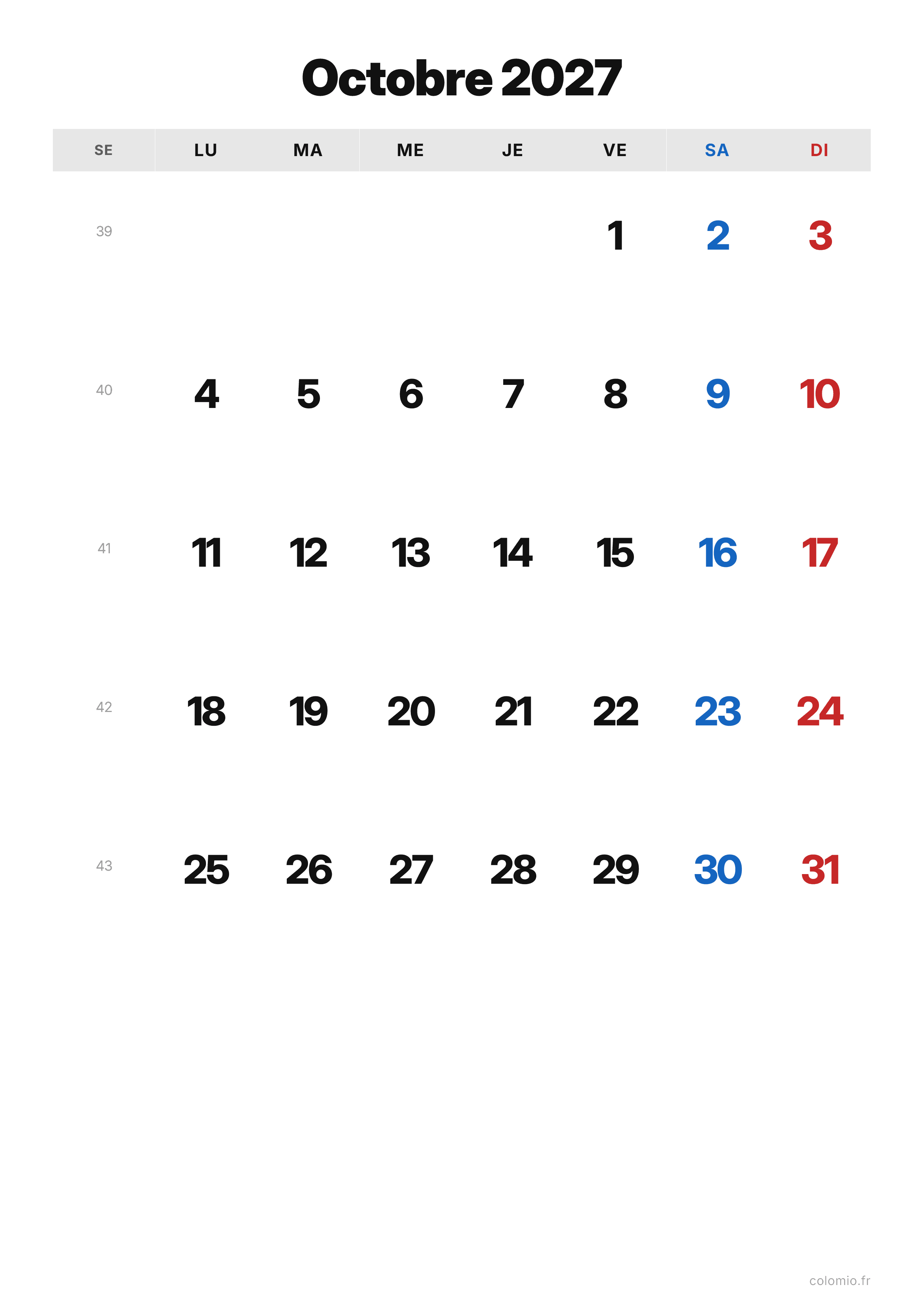 Calendrier Octobre 2027 classique · portrait, PDF à imprimer