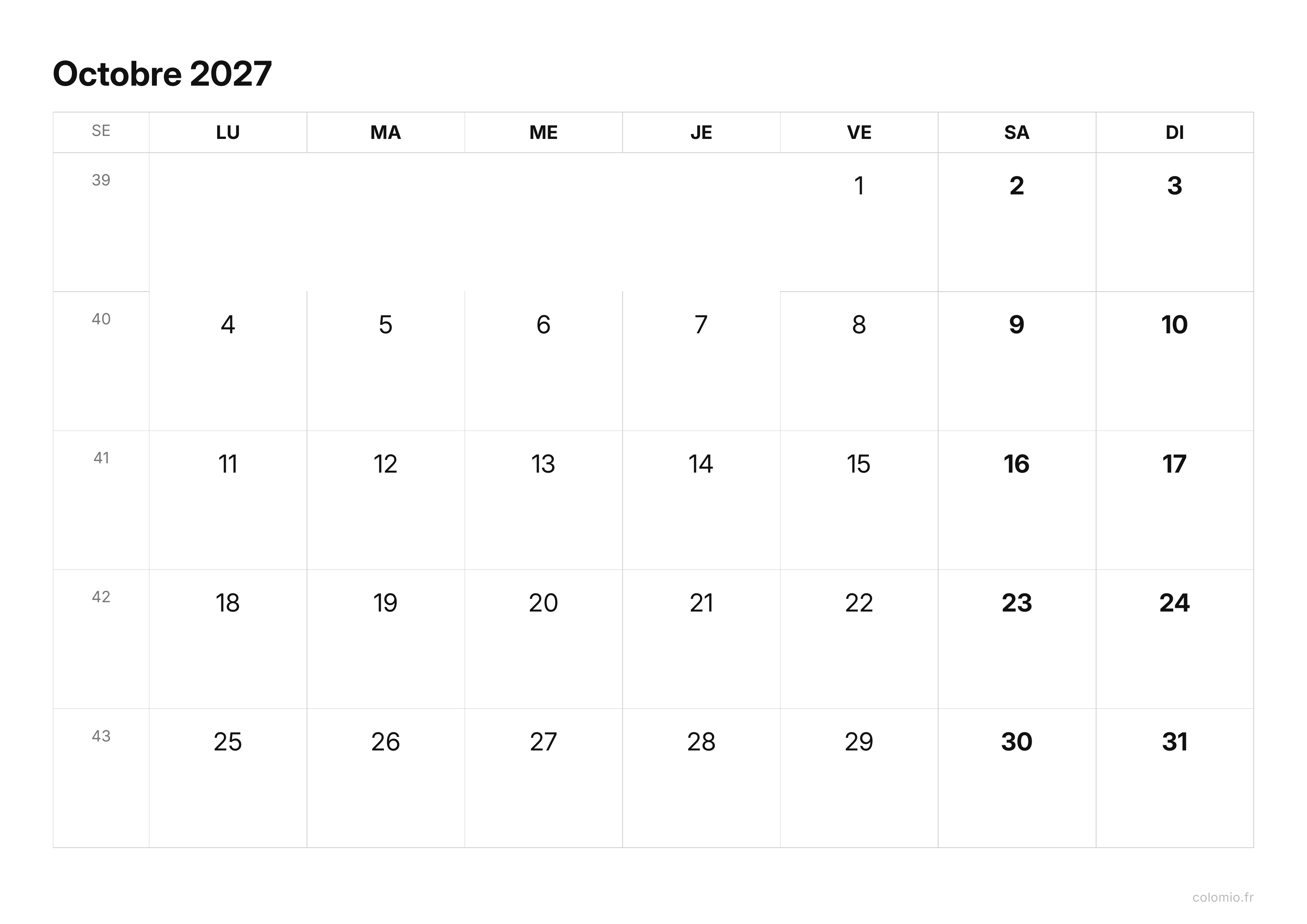 Calendrier Octobre 2027 épuré · paysage, PDF à imprimer