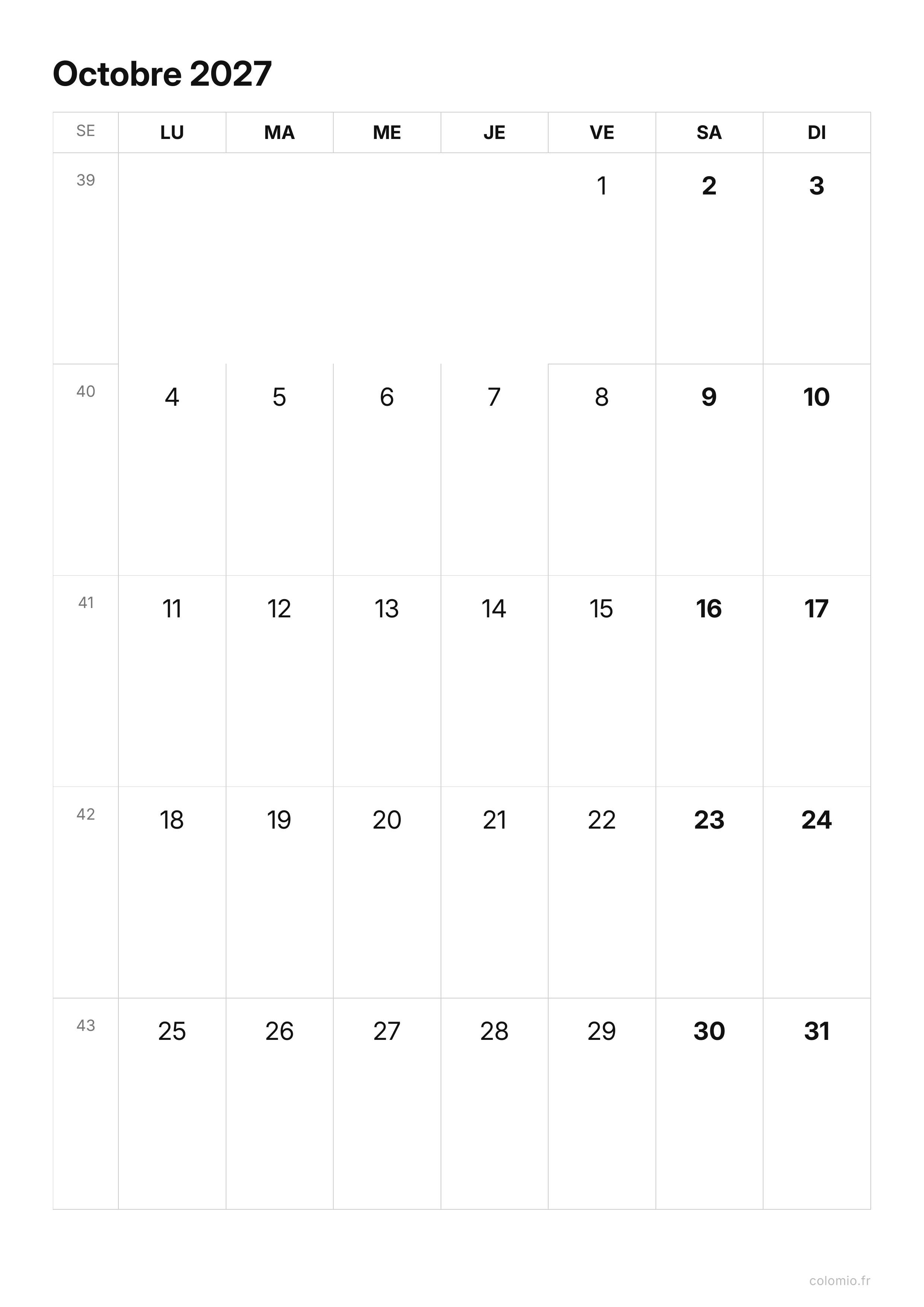 Calendrier Octobre 2027 épuré · portrait, PDF à imprimer