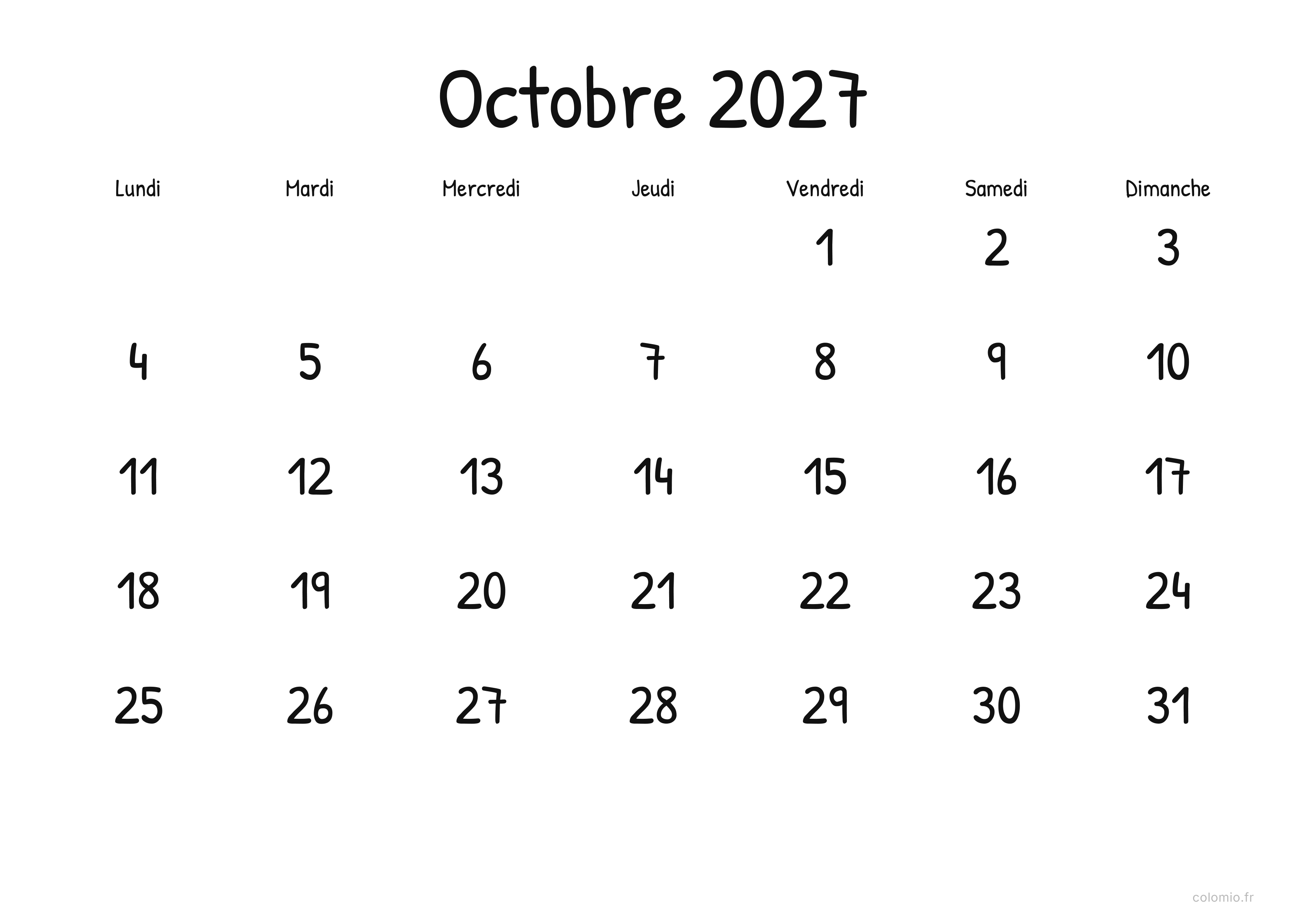 Calendrier Octobre 2027 display · paysage, PDF à imprimer