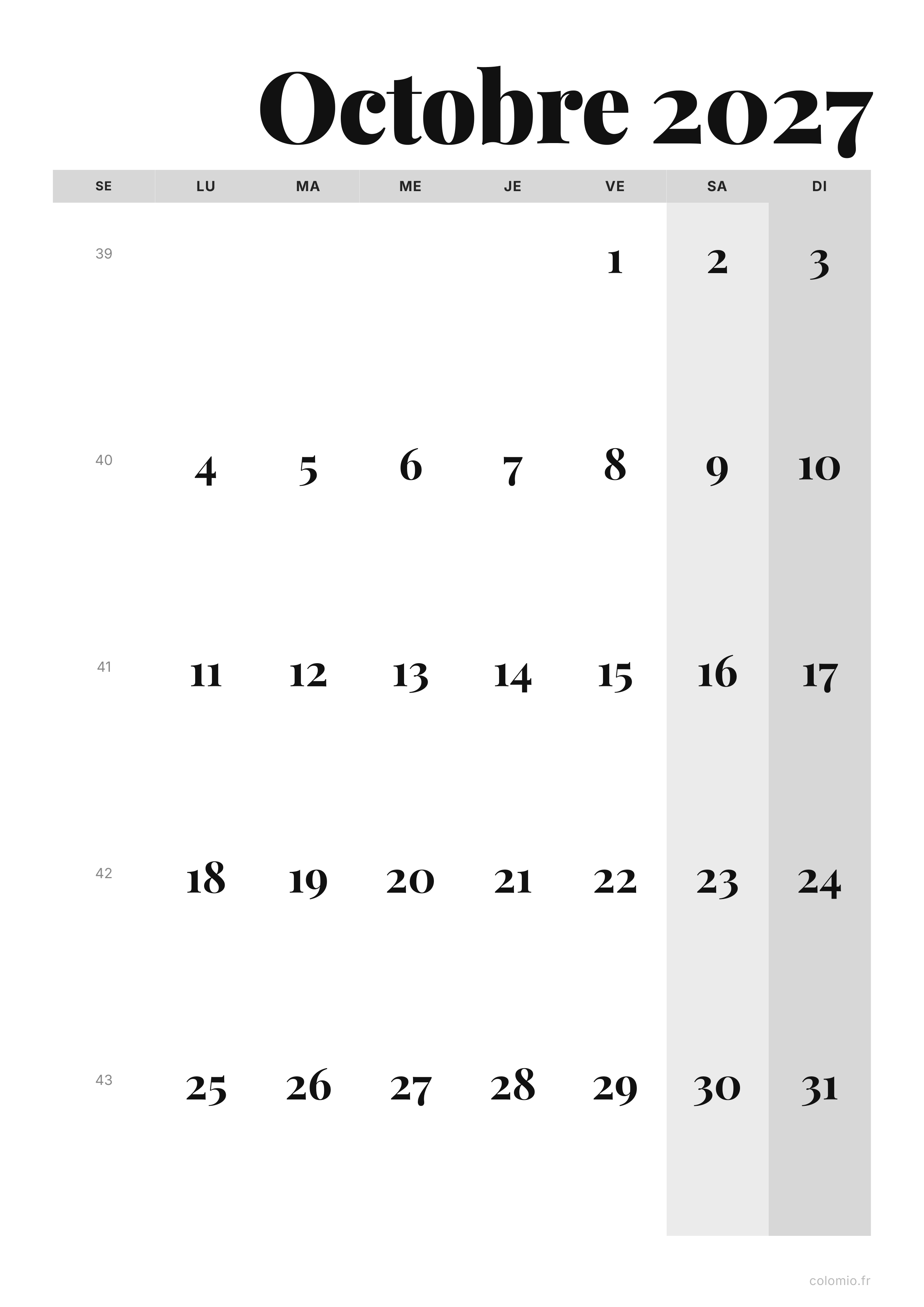 Calendrier Octobre 2027 éditorial · portrait, PDF à imprimer