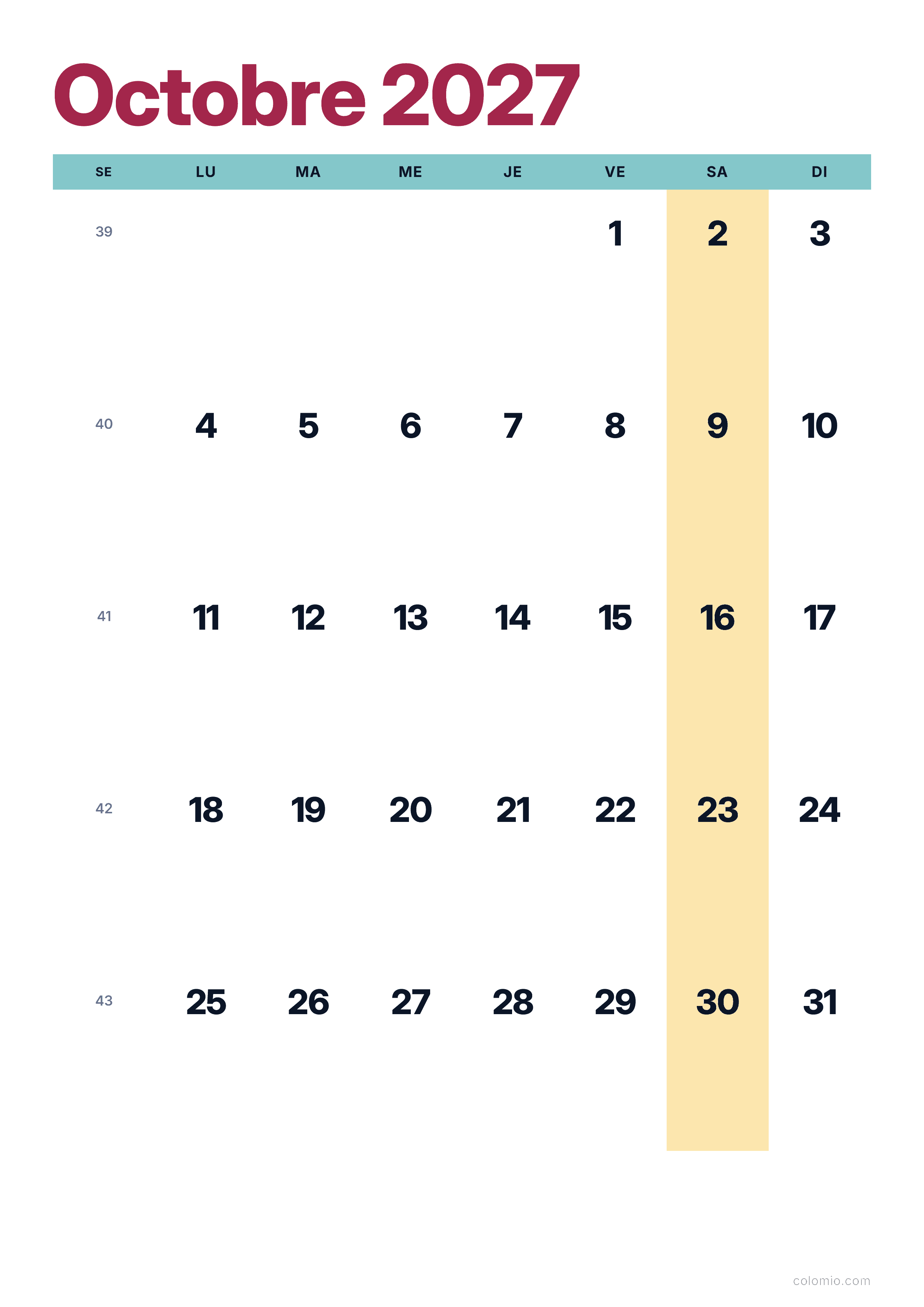 Calendrier Octobre 2027 coloré & moderne · portrait, PDF à imprimer