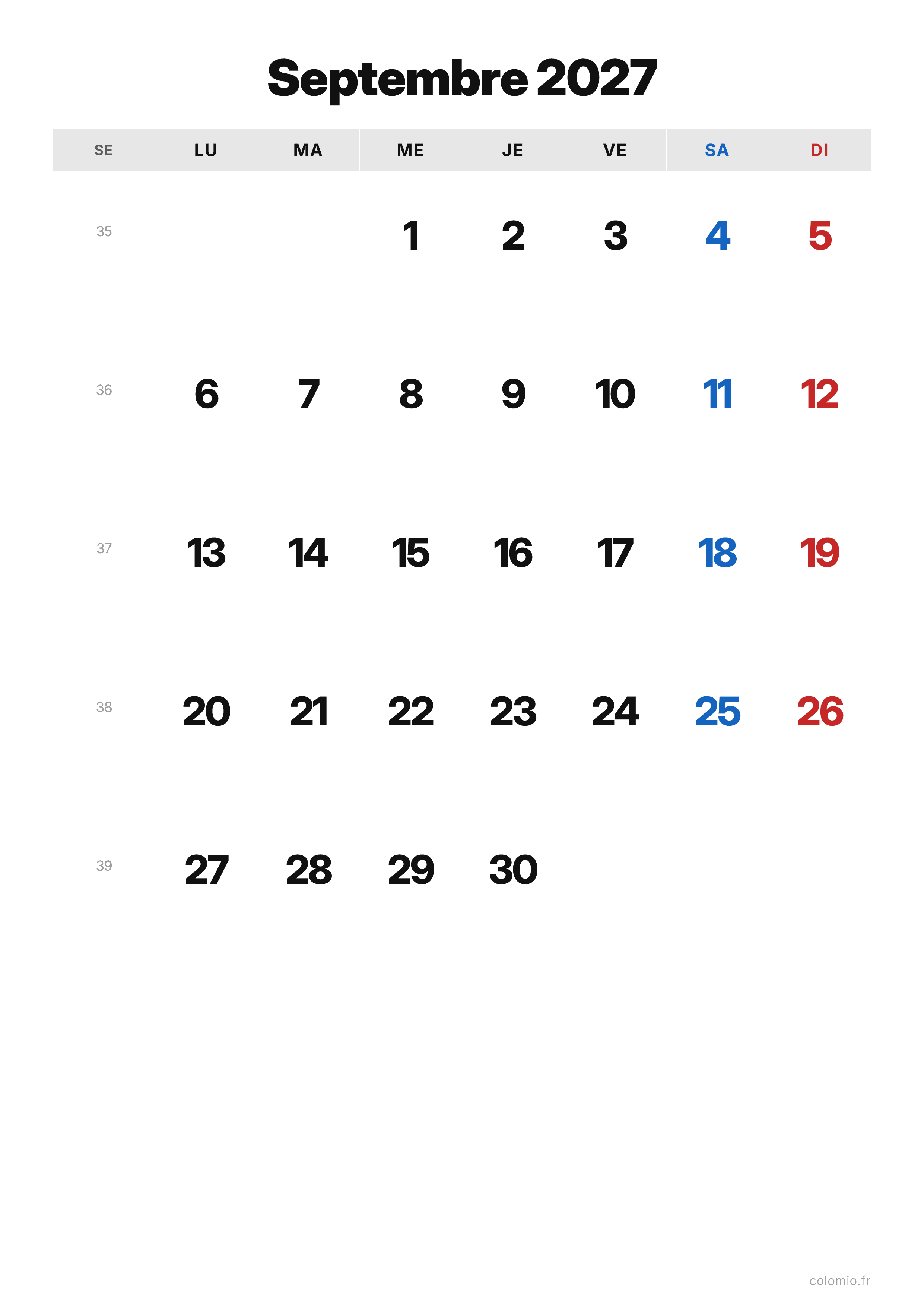 Calendrier Septembre 2027 classique · portrait, PDF à imprimer