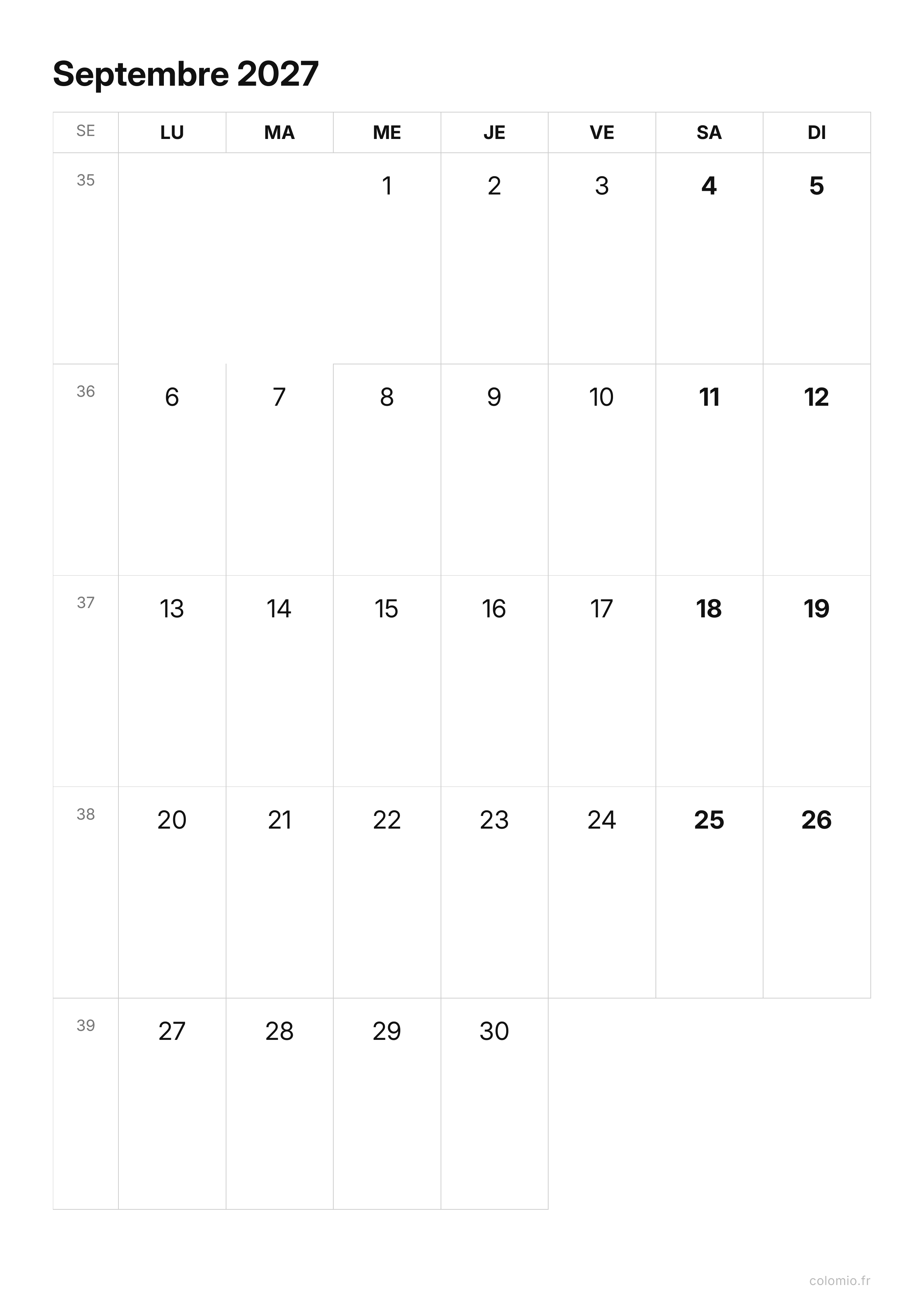 Calendrier Septembre 2027 épuré · portrait, PDF à imprimer