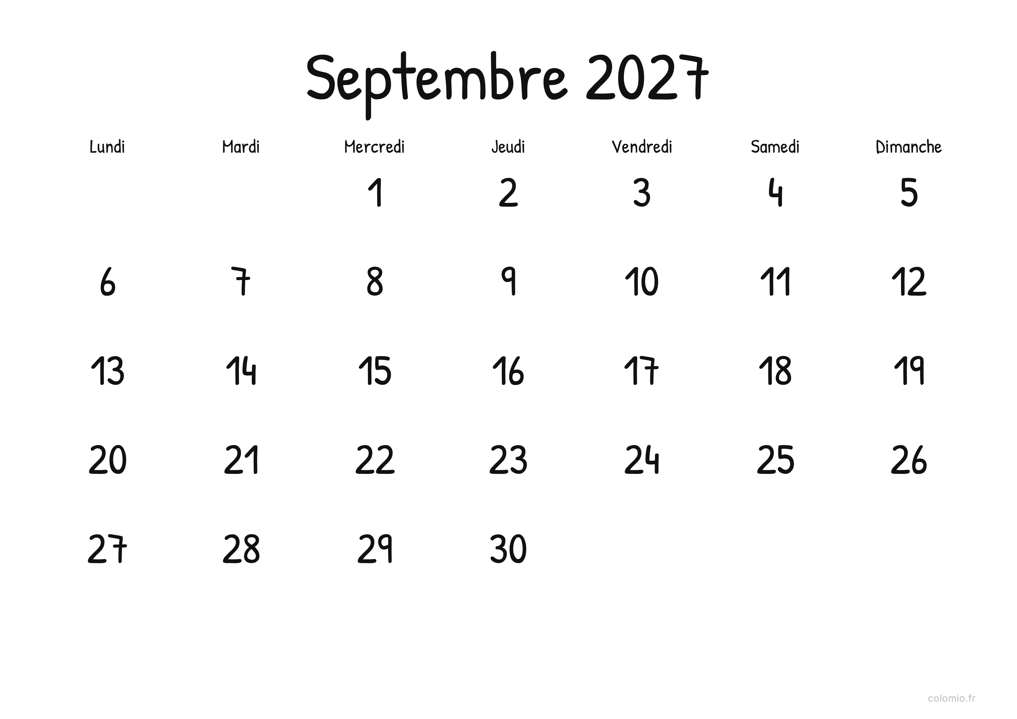 Calendrier Septembre 2027 display · paysage, PDF à imprimer