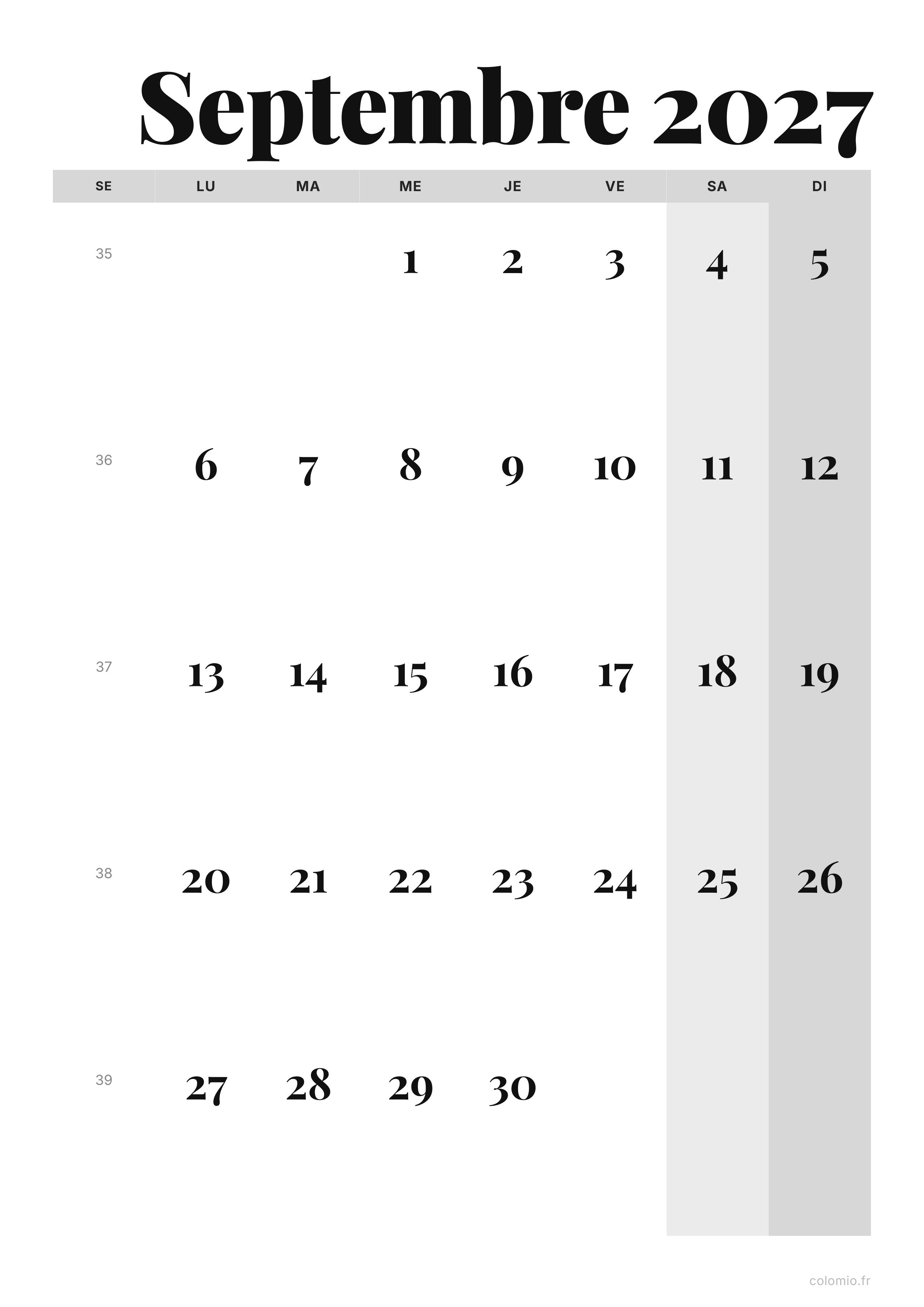Calendrier Septembre 2027 éditorial · portrait, PDF à imprimer