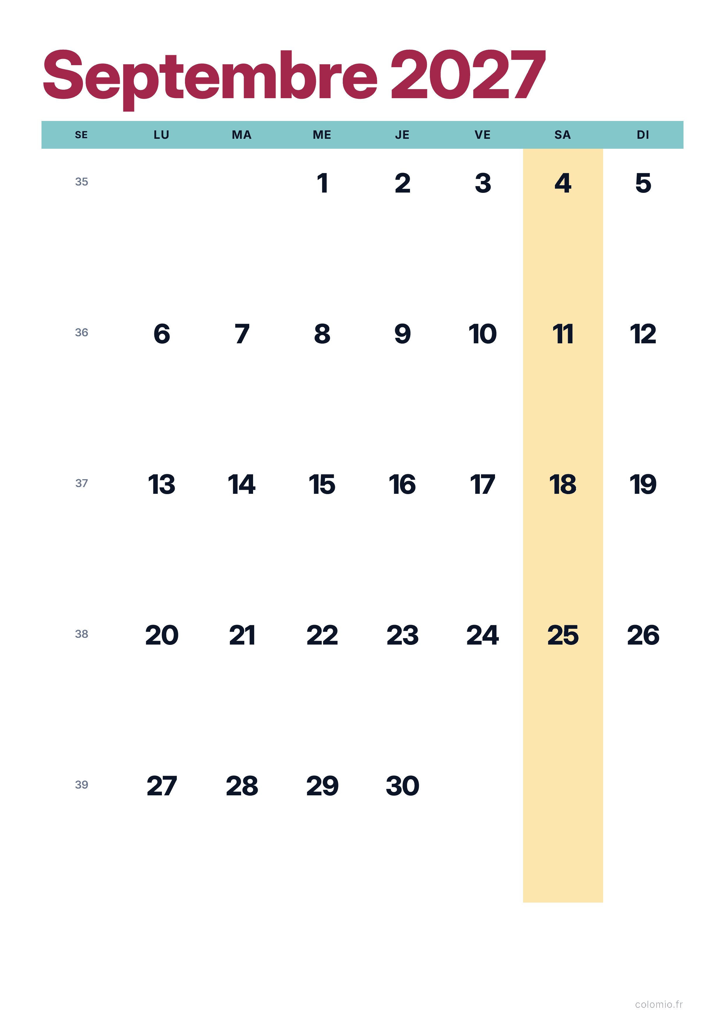 Calendrier Septembre 2027 coloré & moderne · portrait, PDF à imprimer