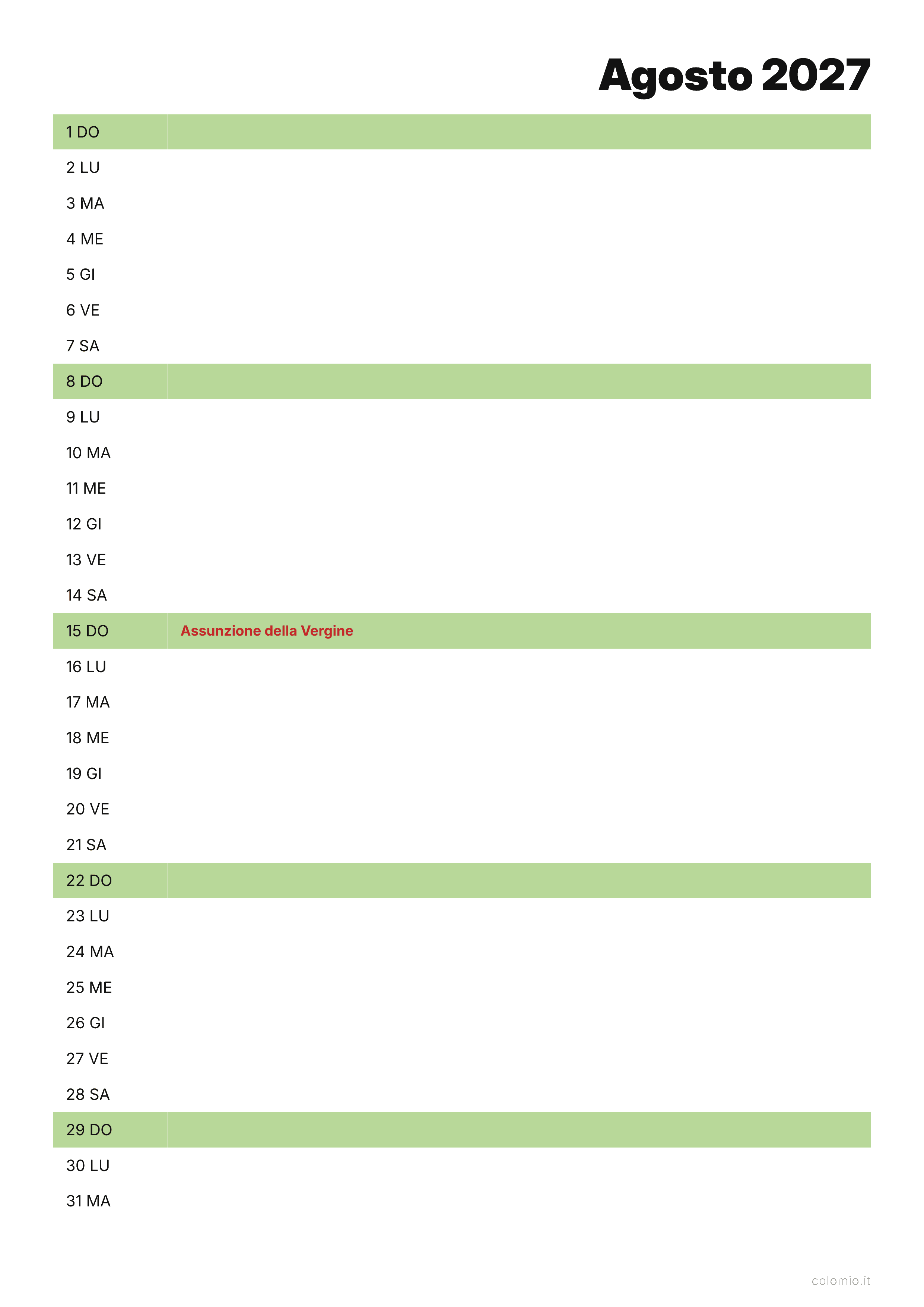 Calendario Agosto 2027 agenda · verticale, PDF da stampare