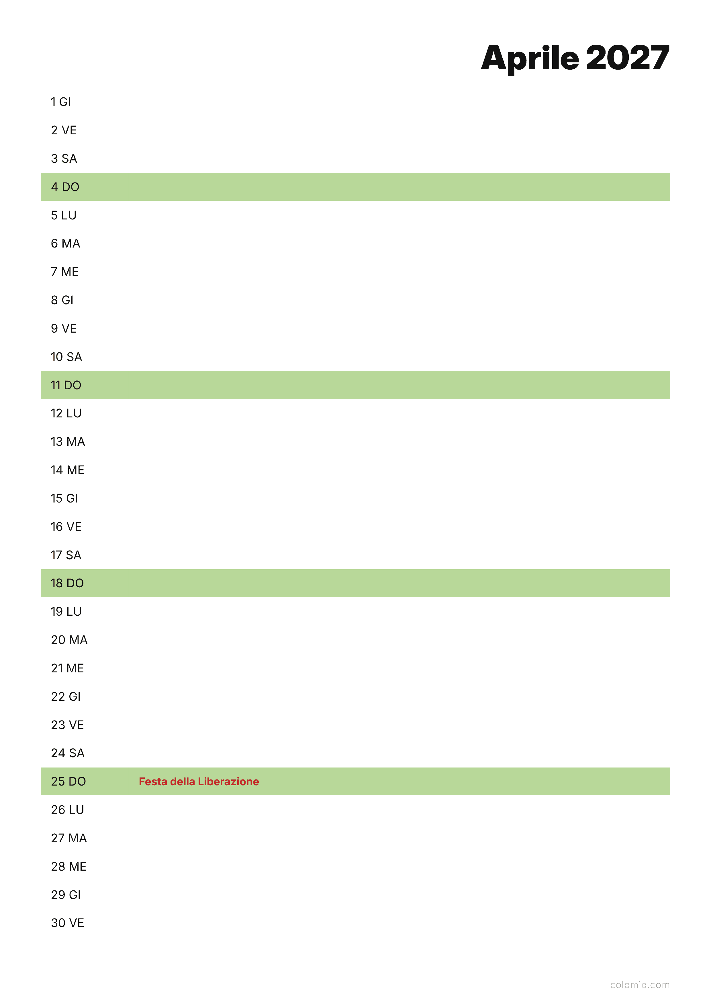 Calendario Aprile 2027 agenda · verticale, PDF da stampare