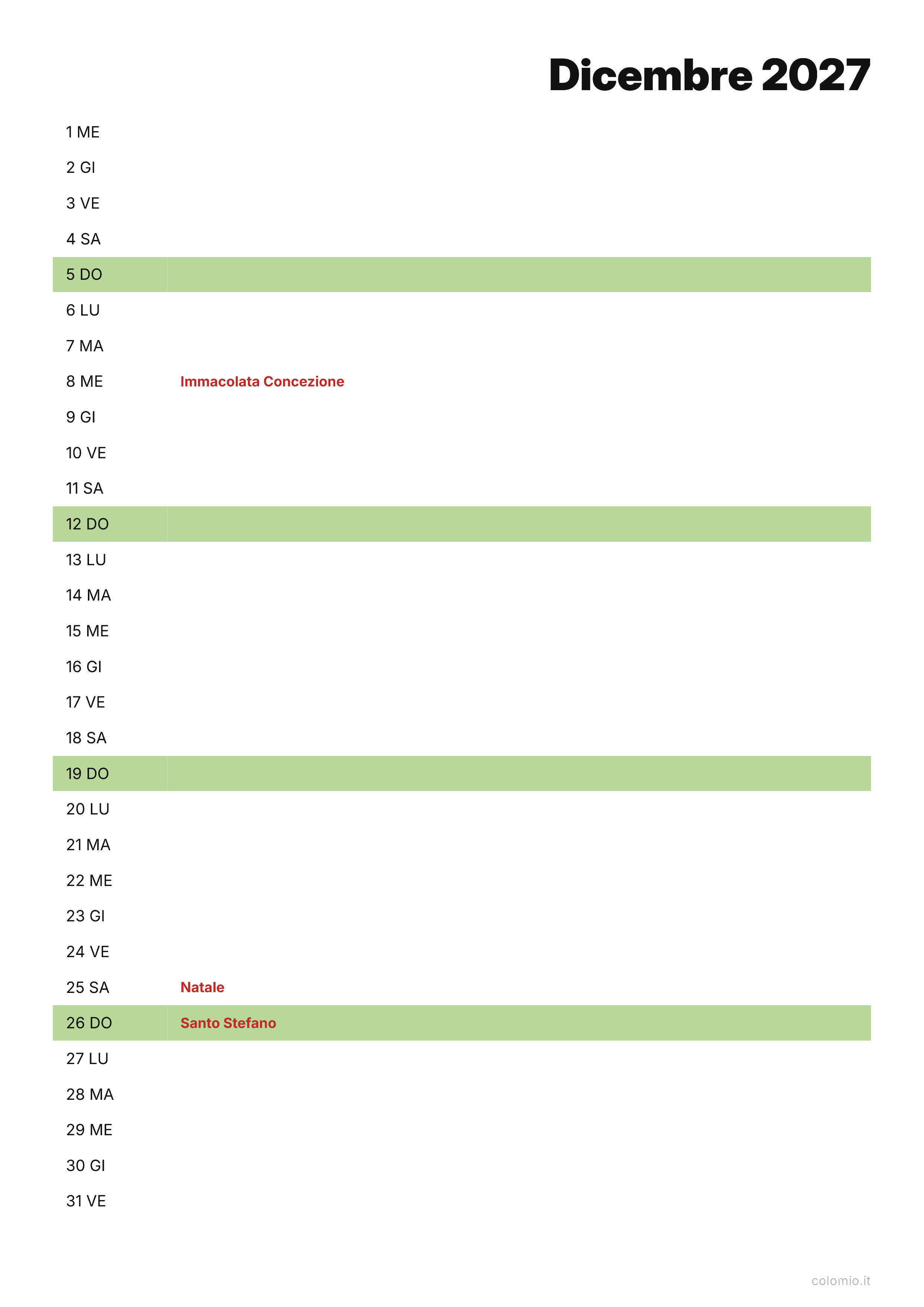 Calendario Dicembre 2027 agenda · verticale, PDF da stampare