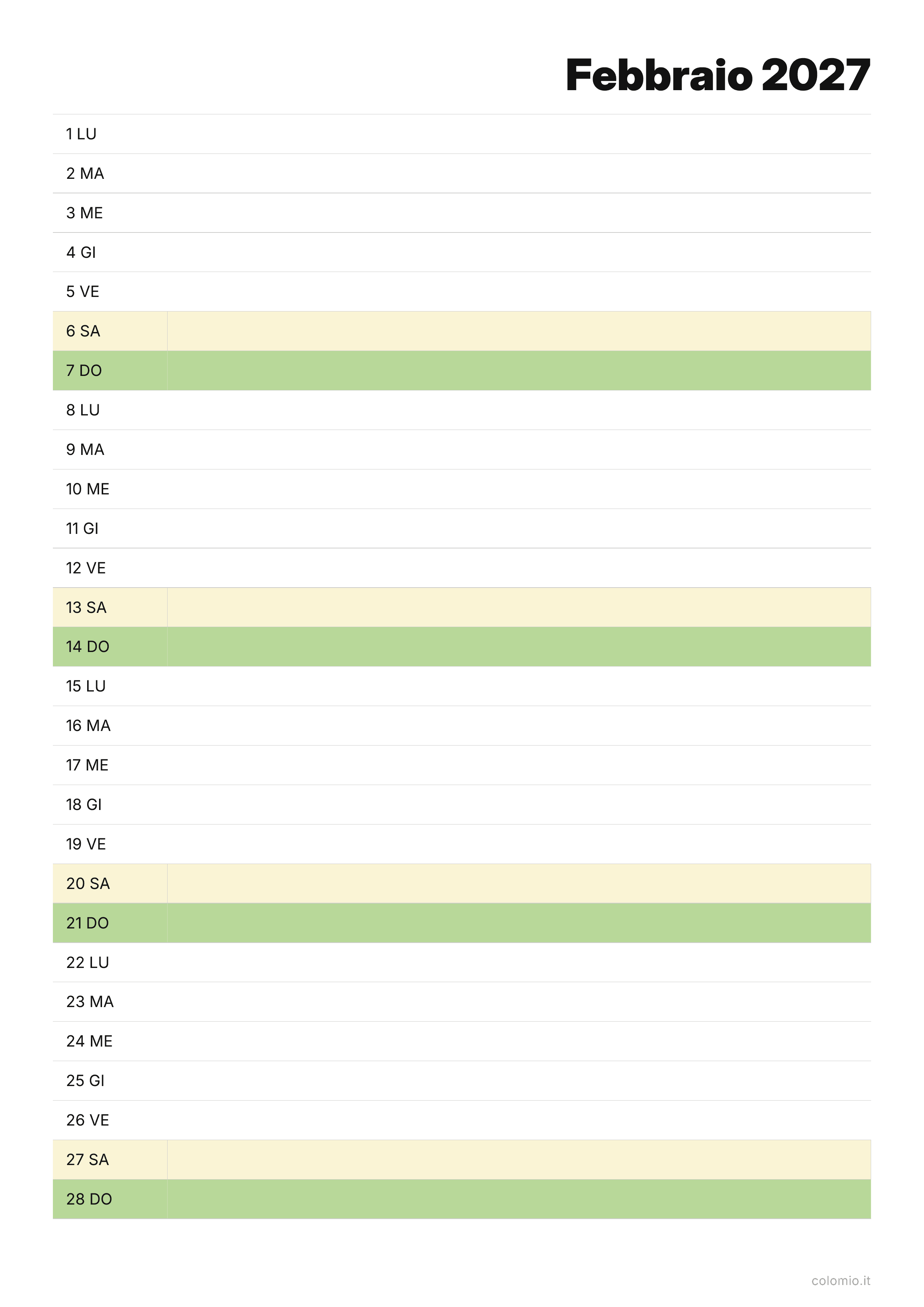 Calendario Febbraio 2027 agenda · verticale, PDF da stampare