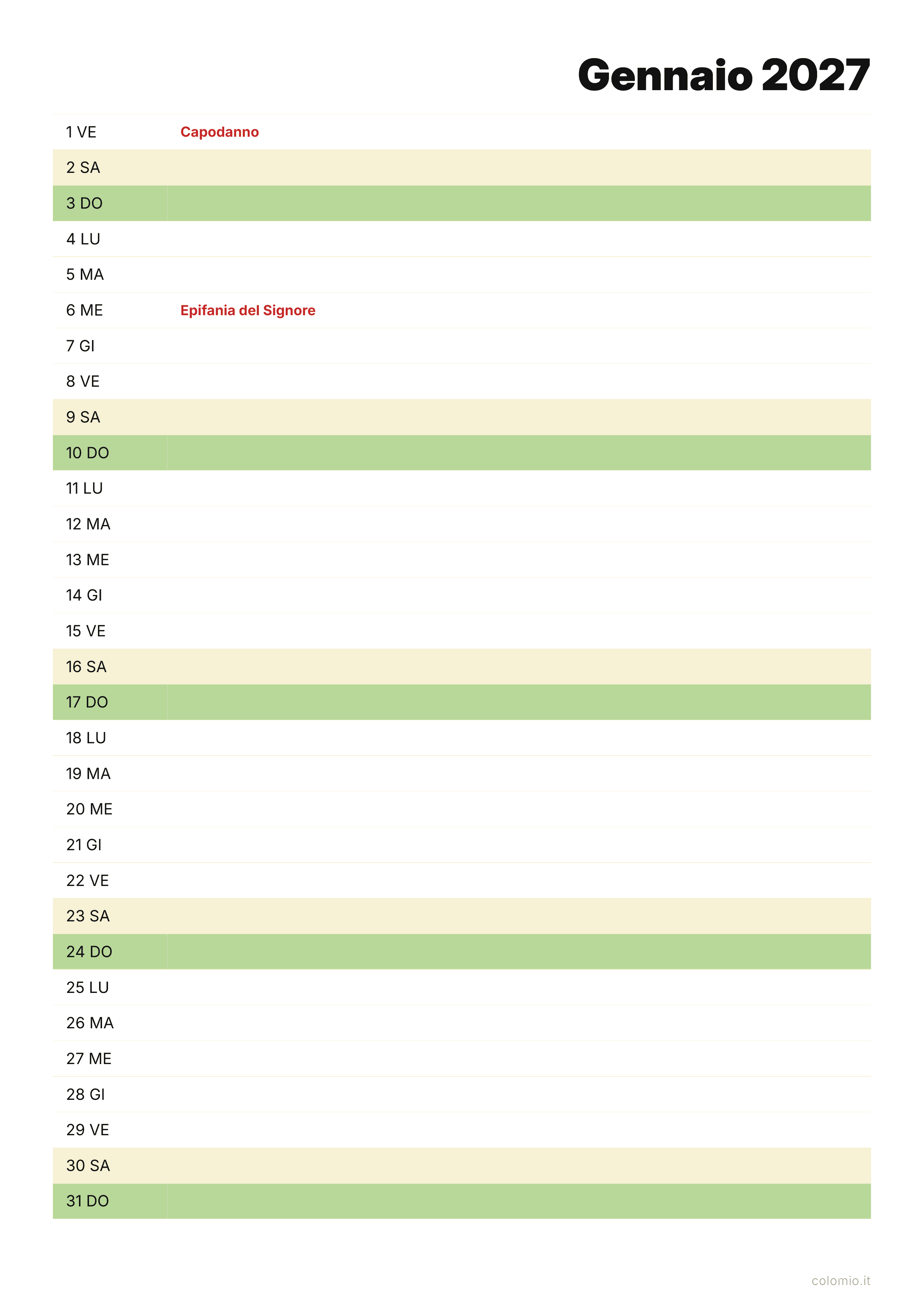 Calendario Gennaio 2027 agenda · verticale, PDF da stampare