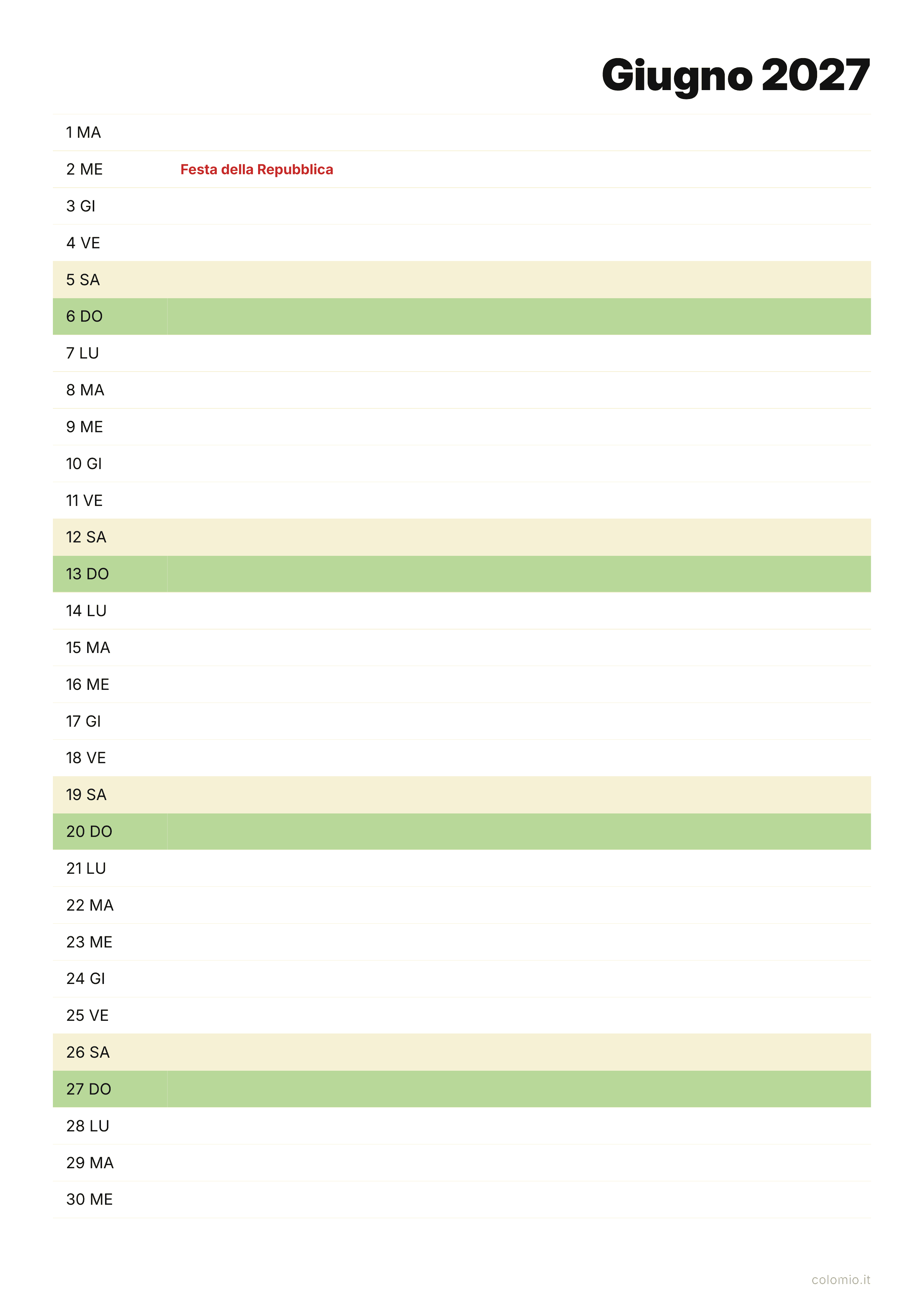 Calendario Giugno 2027 agenda · verticale, PDF da stampare