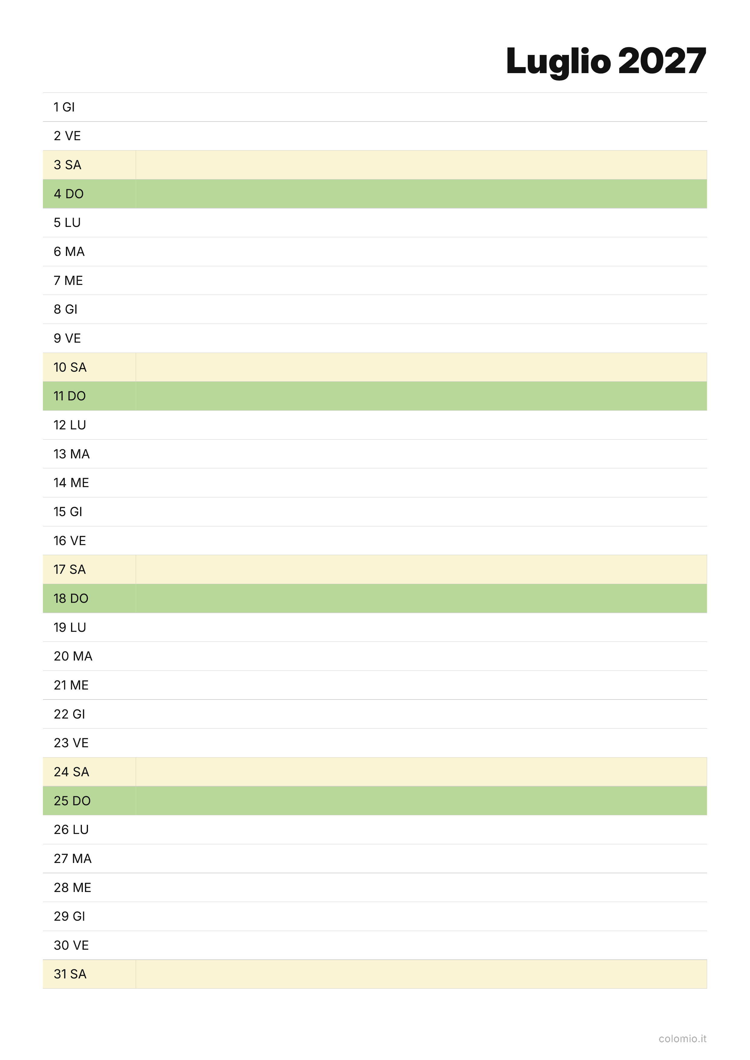 Calendario Luglio 2027 agenda · verticale, PDF da stampare