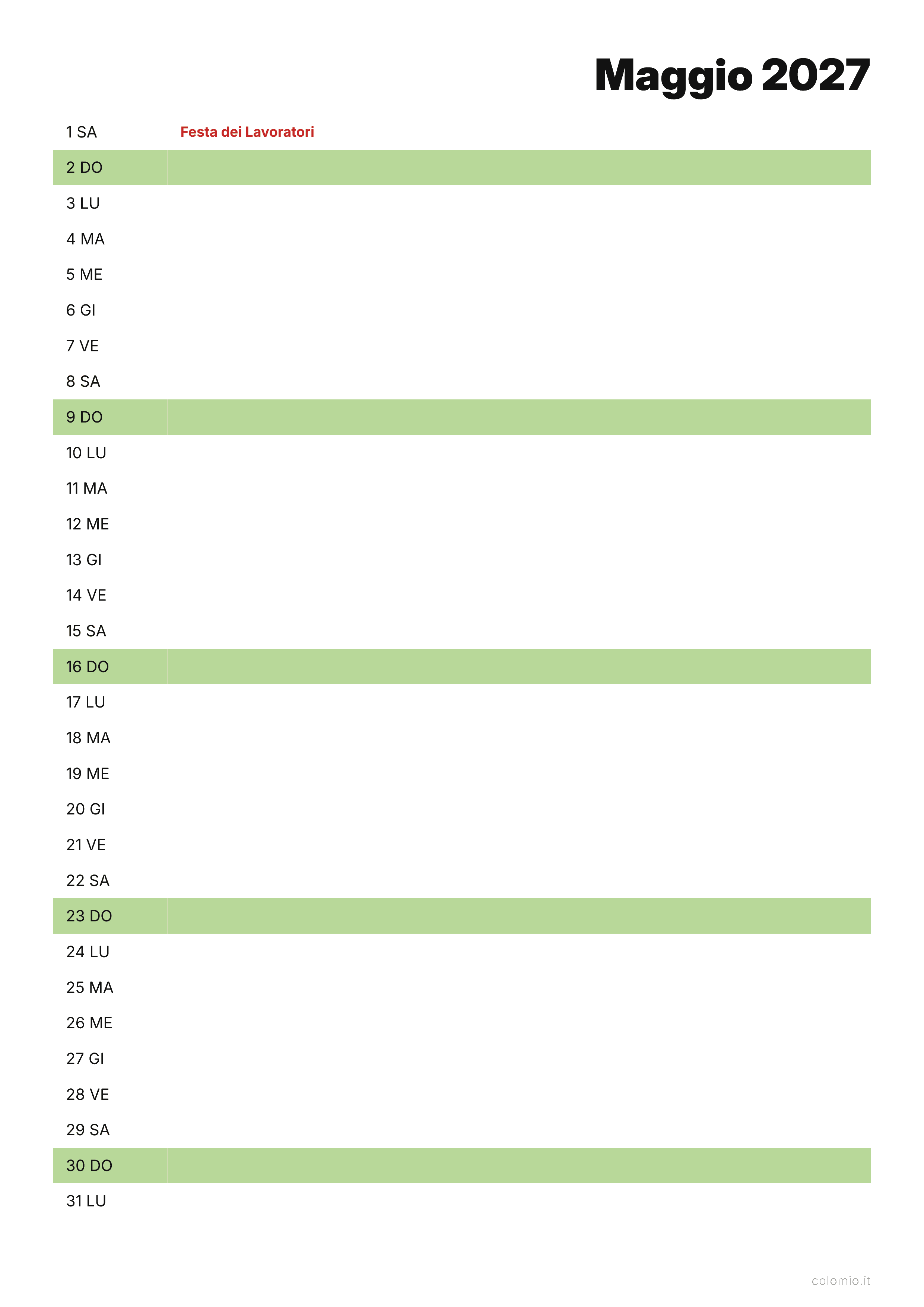Calendario Maggio 2027 agenda · verticale, PDF da stampare