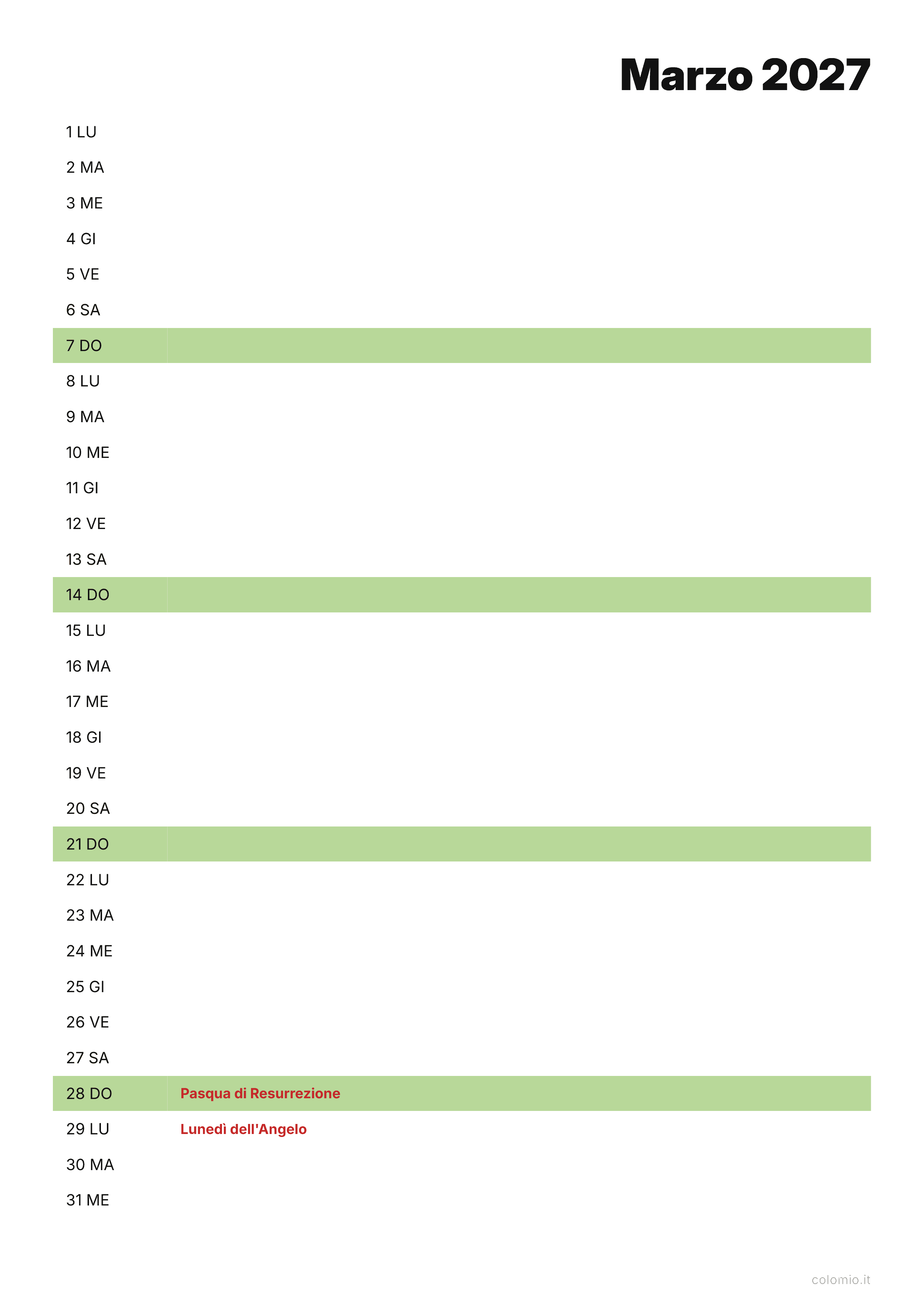 Calendario Marzo 2027 agenda · verticale, PDF da stampare