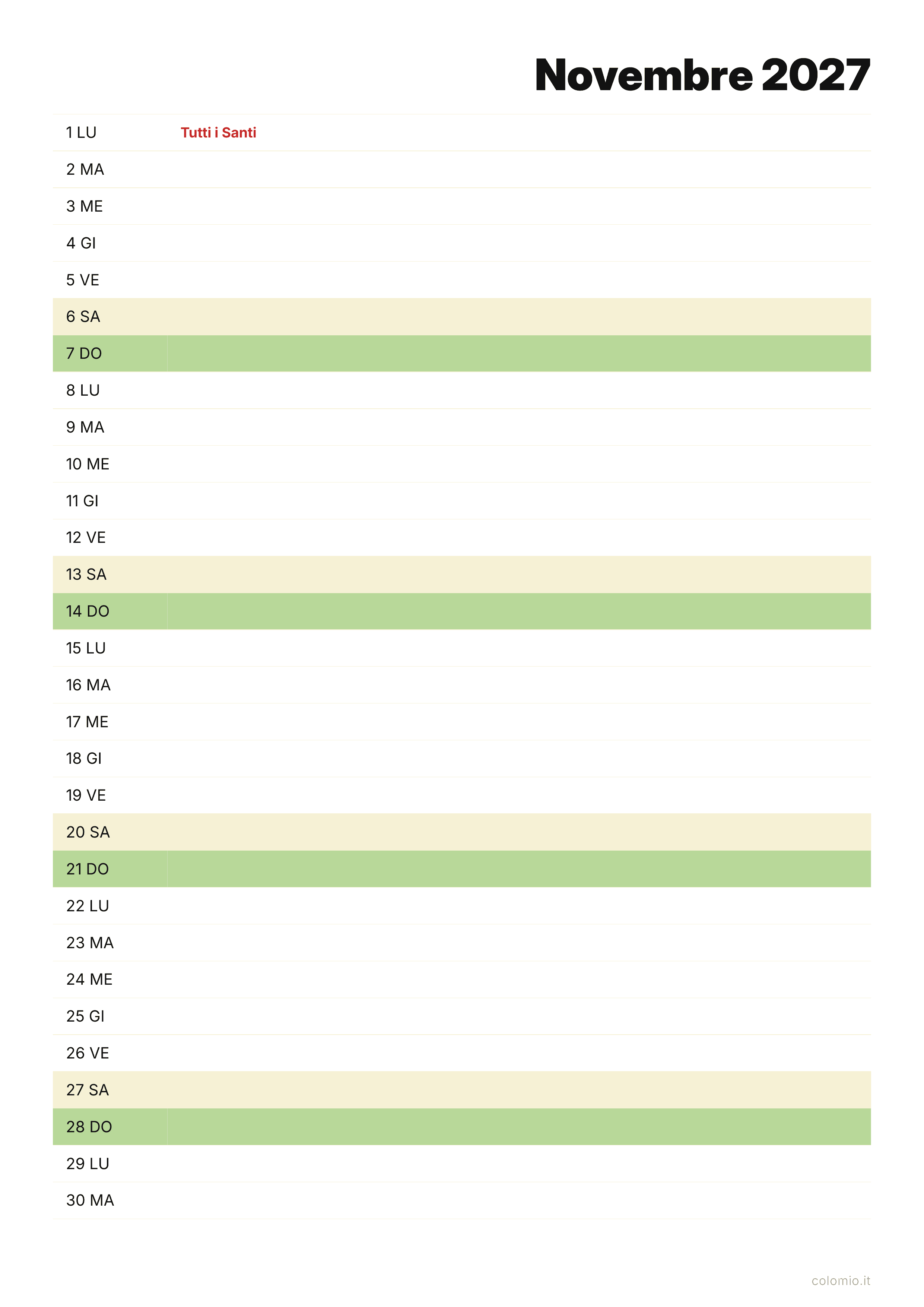 Calendario Novembre 2027 agenda · verticale, PDF da stampare