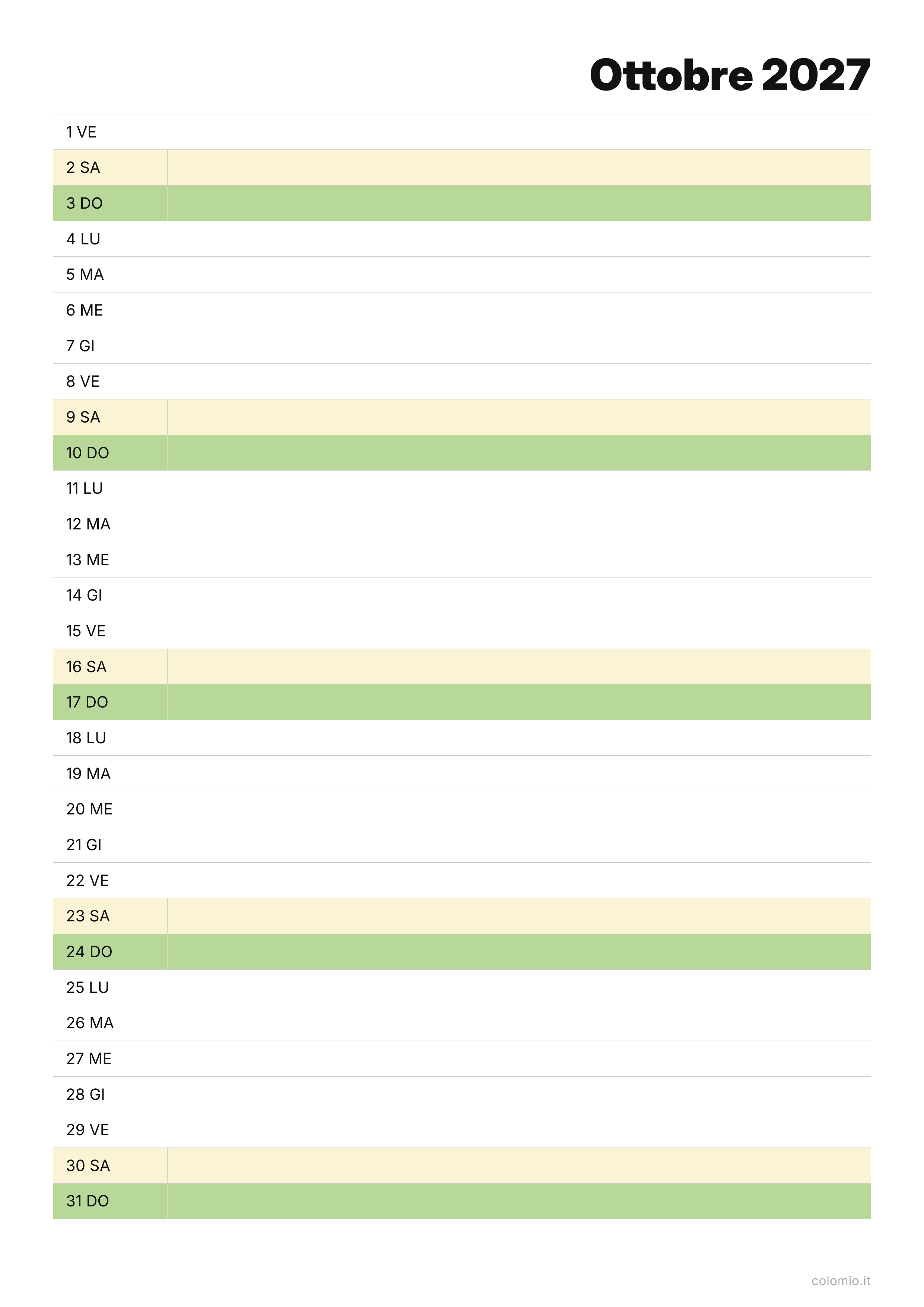 Calendario Ottobre 2027 agenda · verticale, PDF da stampare