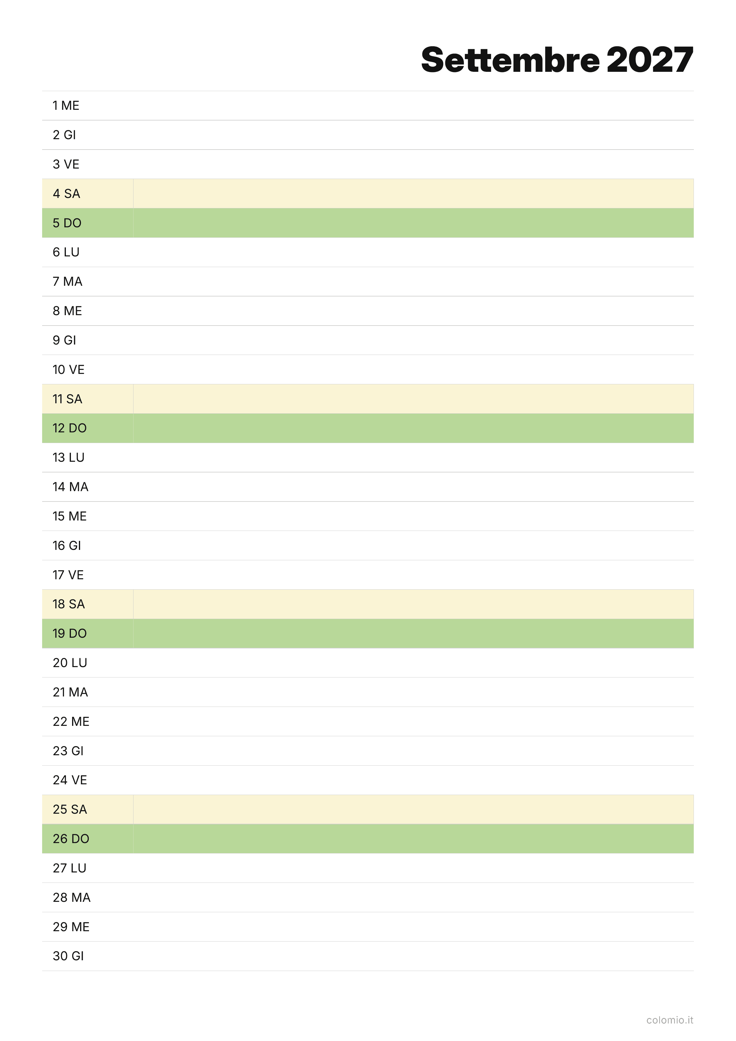 Calendario Settembre 2027 agenda · verticale, PDF da stampare