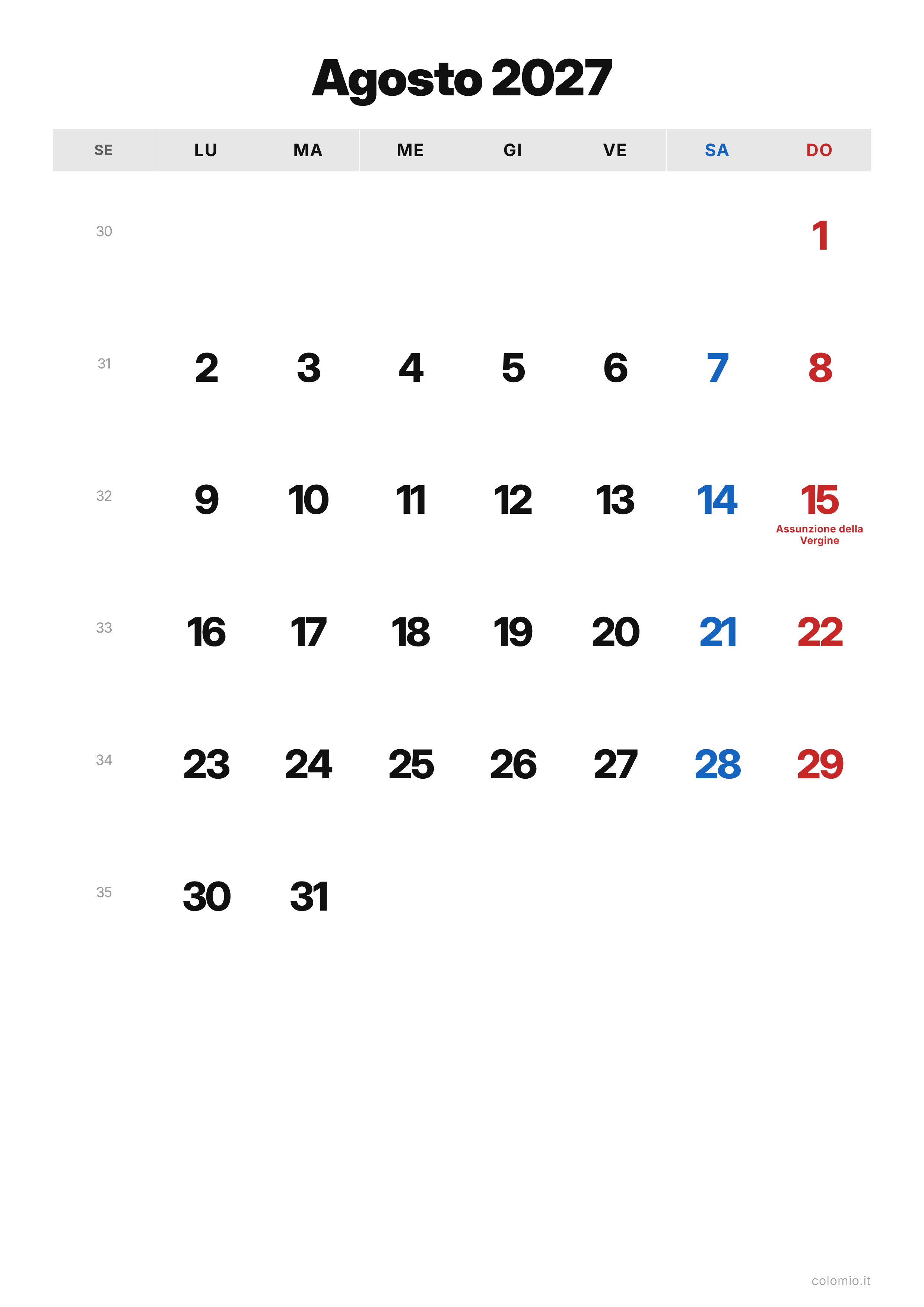 Calendario Agosto 2027 classico · verticale, PDF da stampare