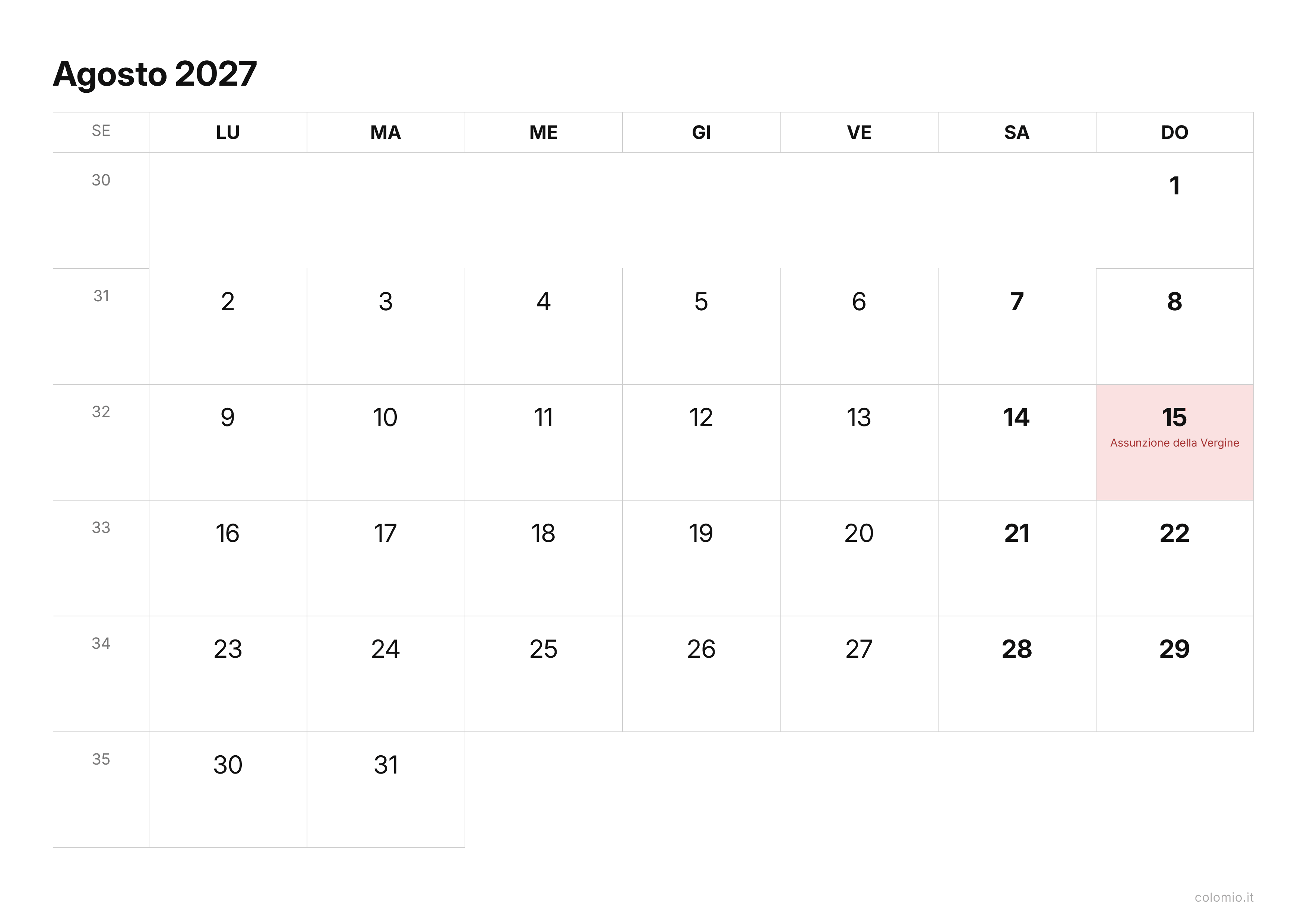 Calendario Agosto 2027 essenziale · orizzontale, PDF da stampare