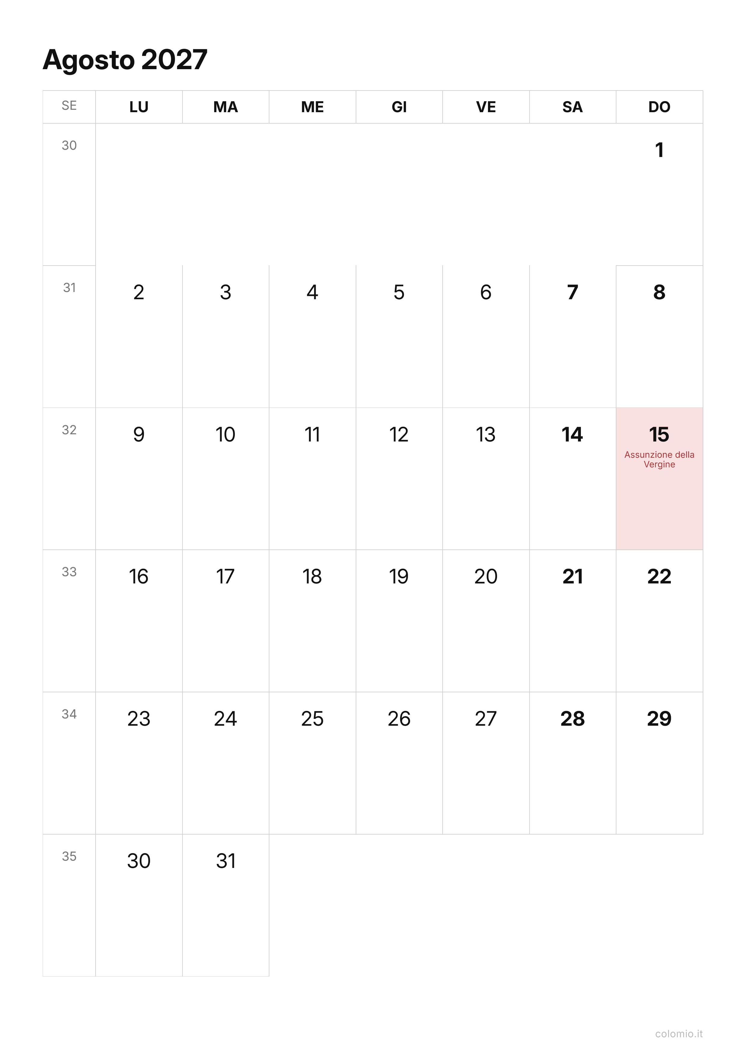Calendario Agosto 2027 essenziale · verticale, PDF da stampare