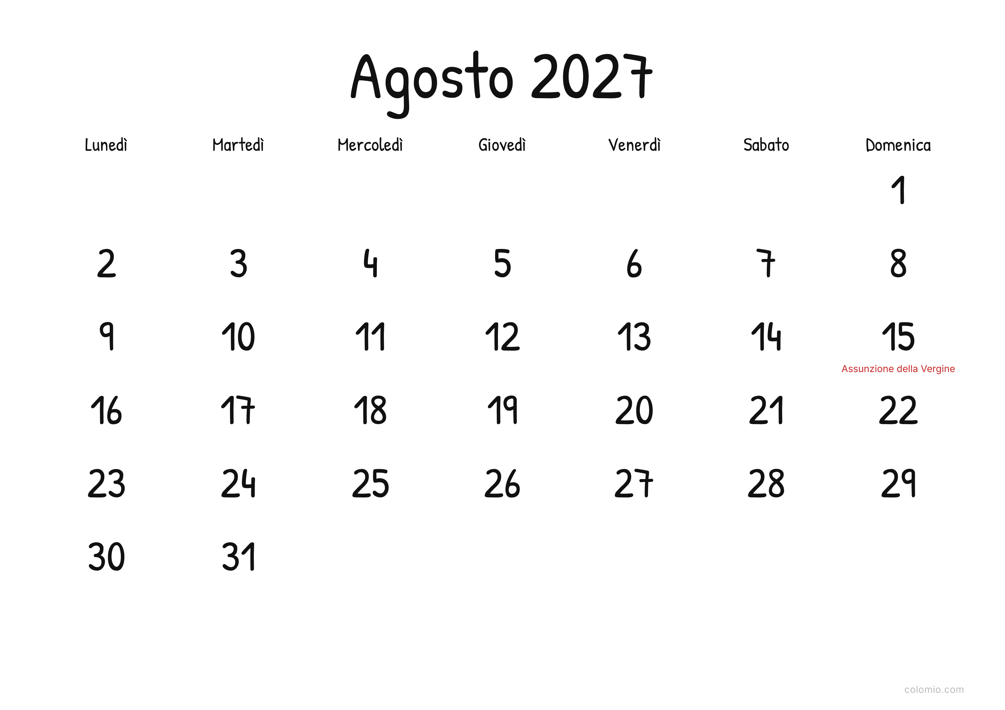 Calendario Agosto 2027 display · orizzontale, PDF da stampare