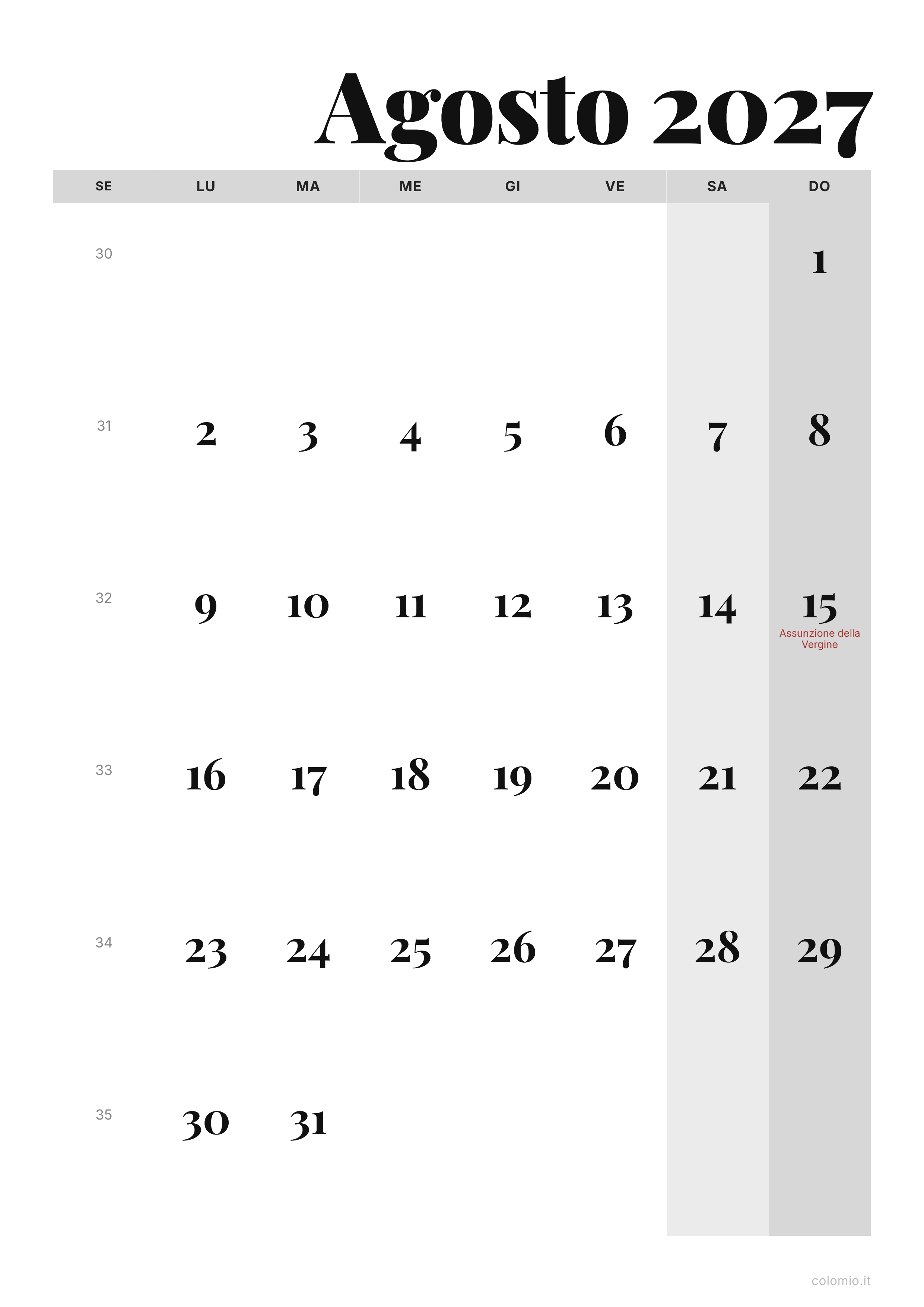 Calendario Agosto 2027 editoriale · verticale, PDF da stampare