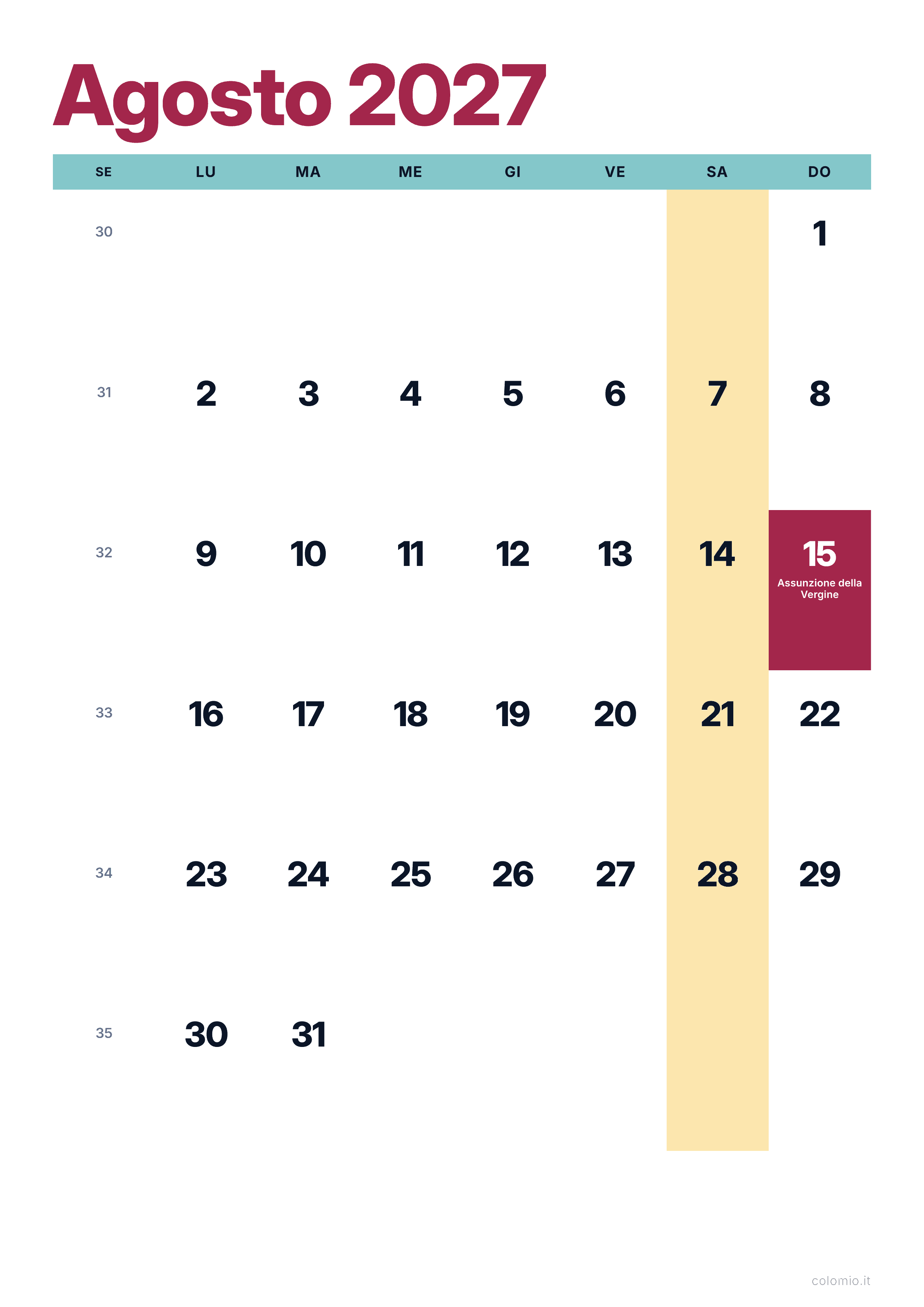 Calendario Agosto 2027 colorato & moderno · verticale, PDF da stampare