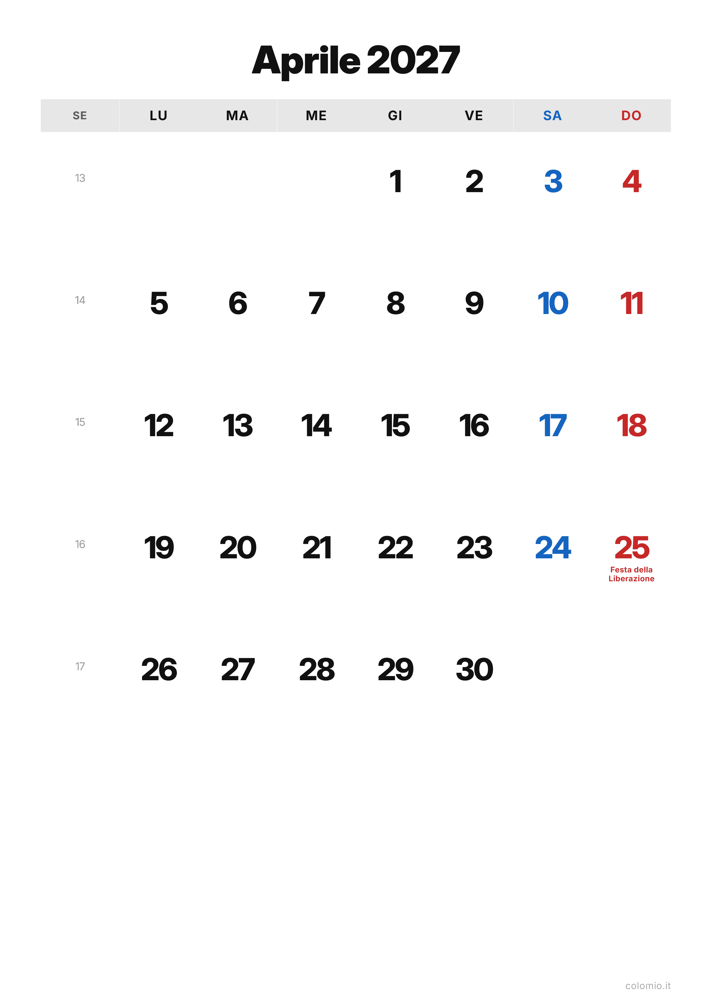 Calendario Aprile 2027 classico · verticale, PDF da stampare