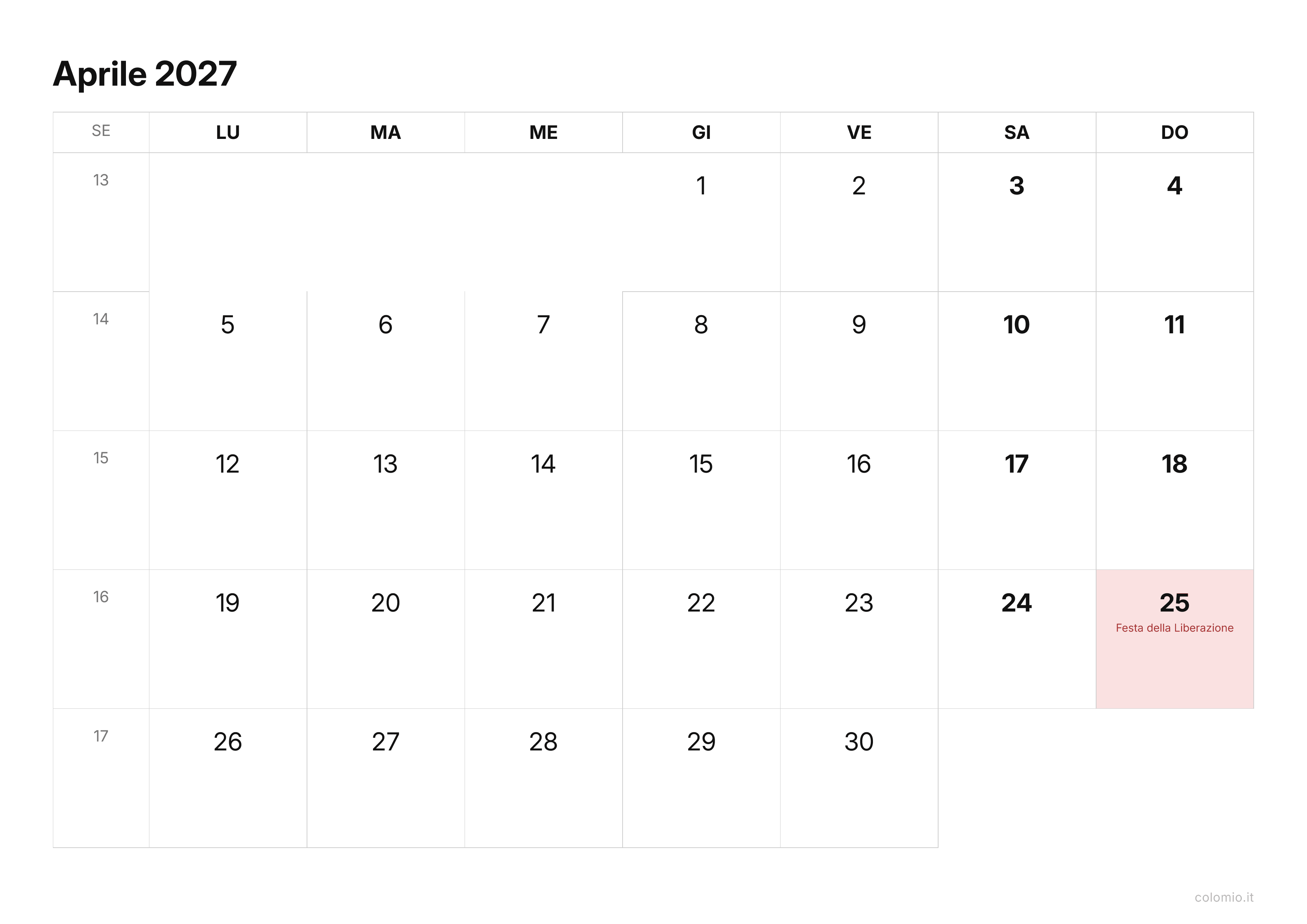 Calendario Aprile 2027 essenziale · orizzontale, PDF da stampare