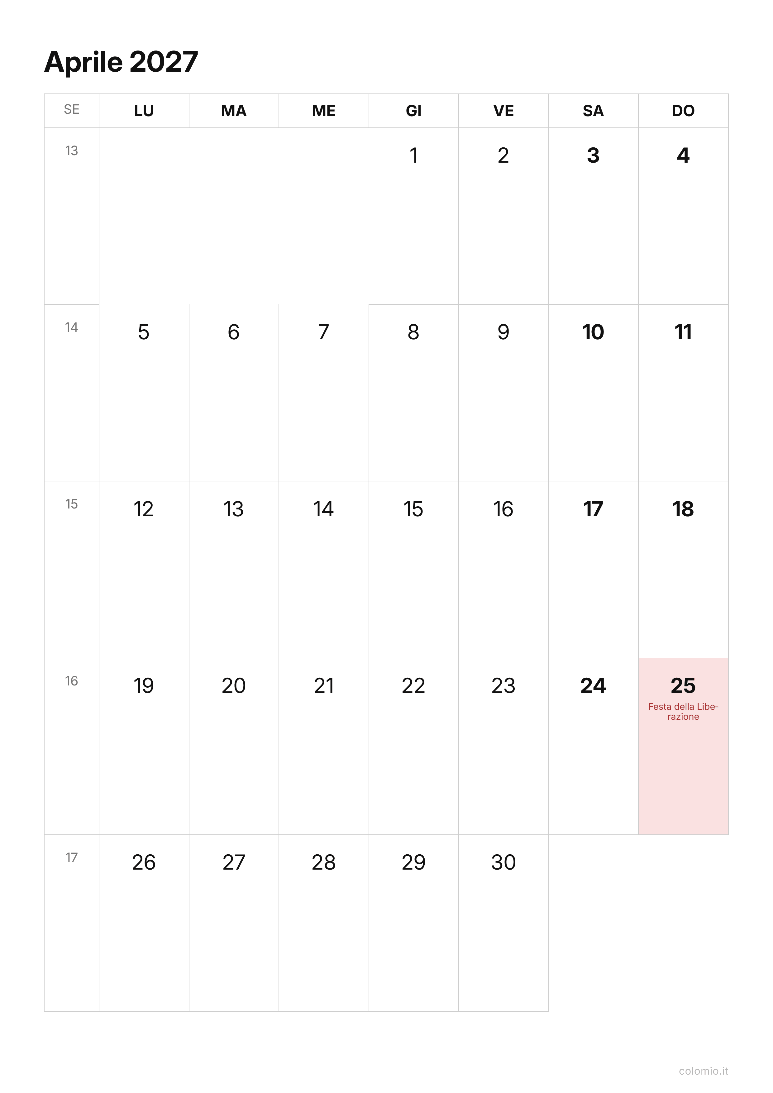 Calendario Aprile 2027 essenziale · verticale, PDF da stampare