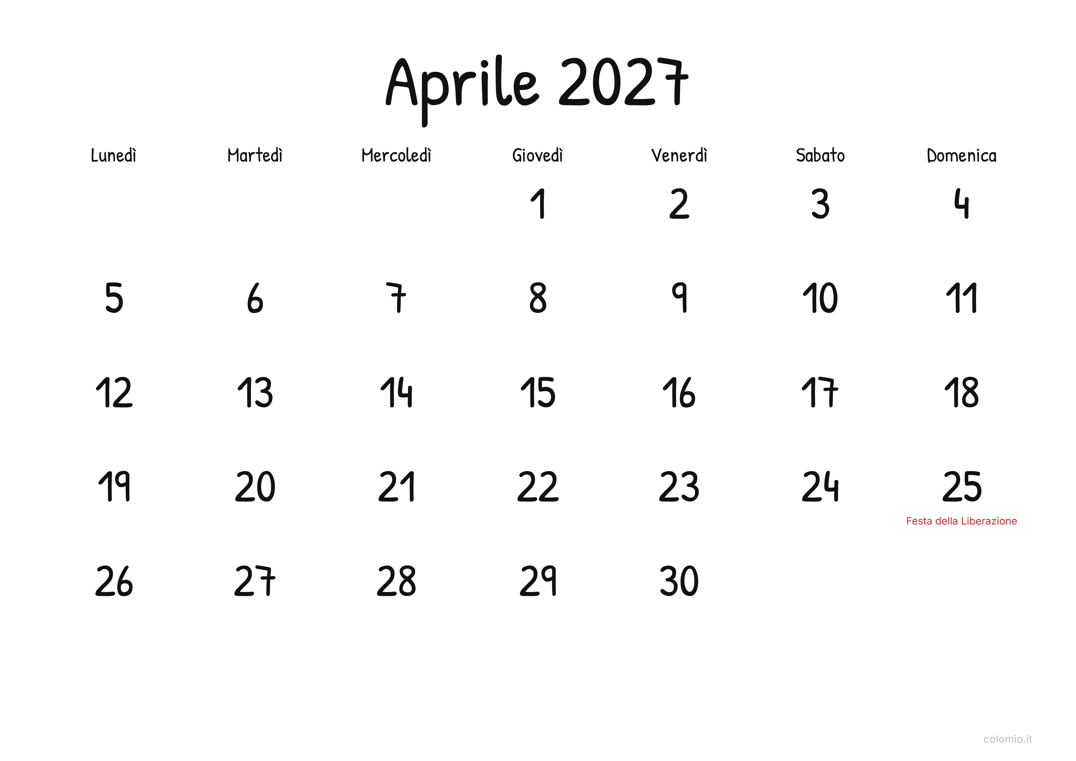 Calendario Aprile 2027 display · orizzontale, PDF da stampare