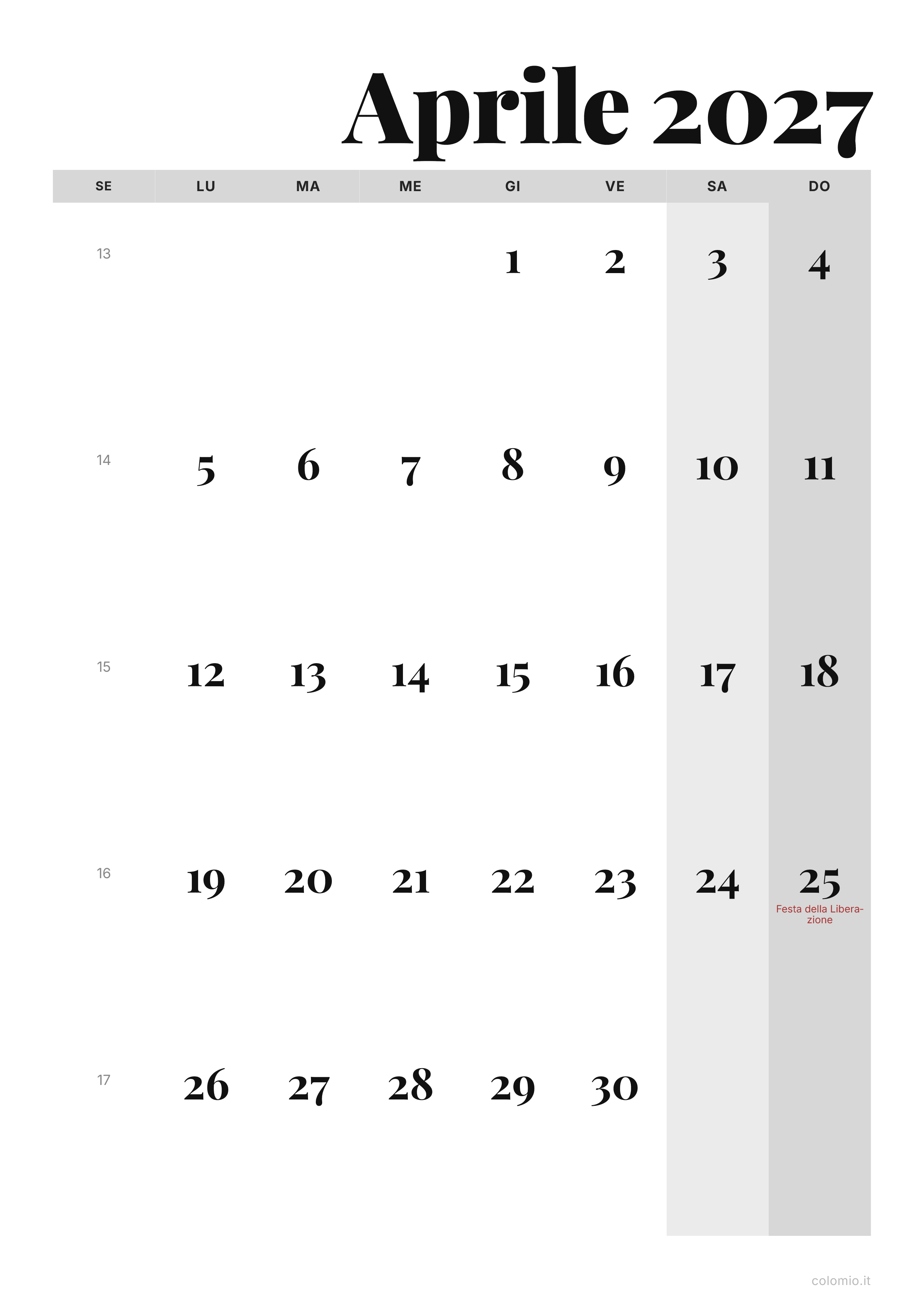 Calendario Aprile 2027 editoriale · verticale, PDF da stampare