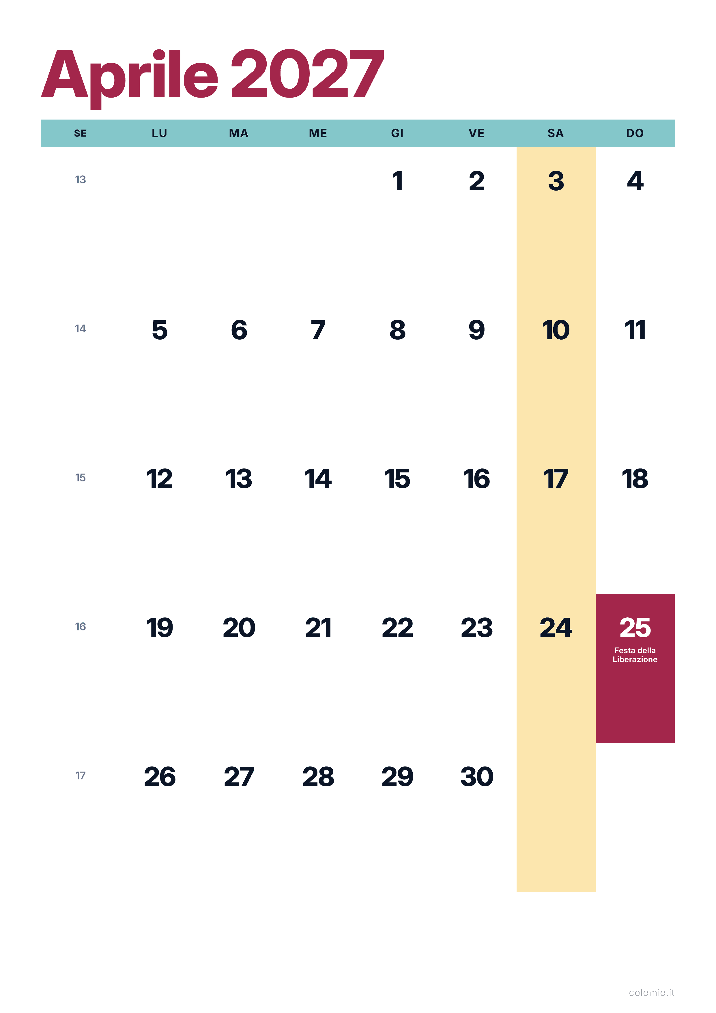 Calendario Aprile 2027 colorato & moderno · verticale, PDF da stampare