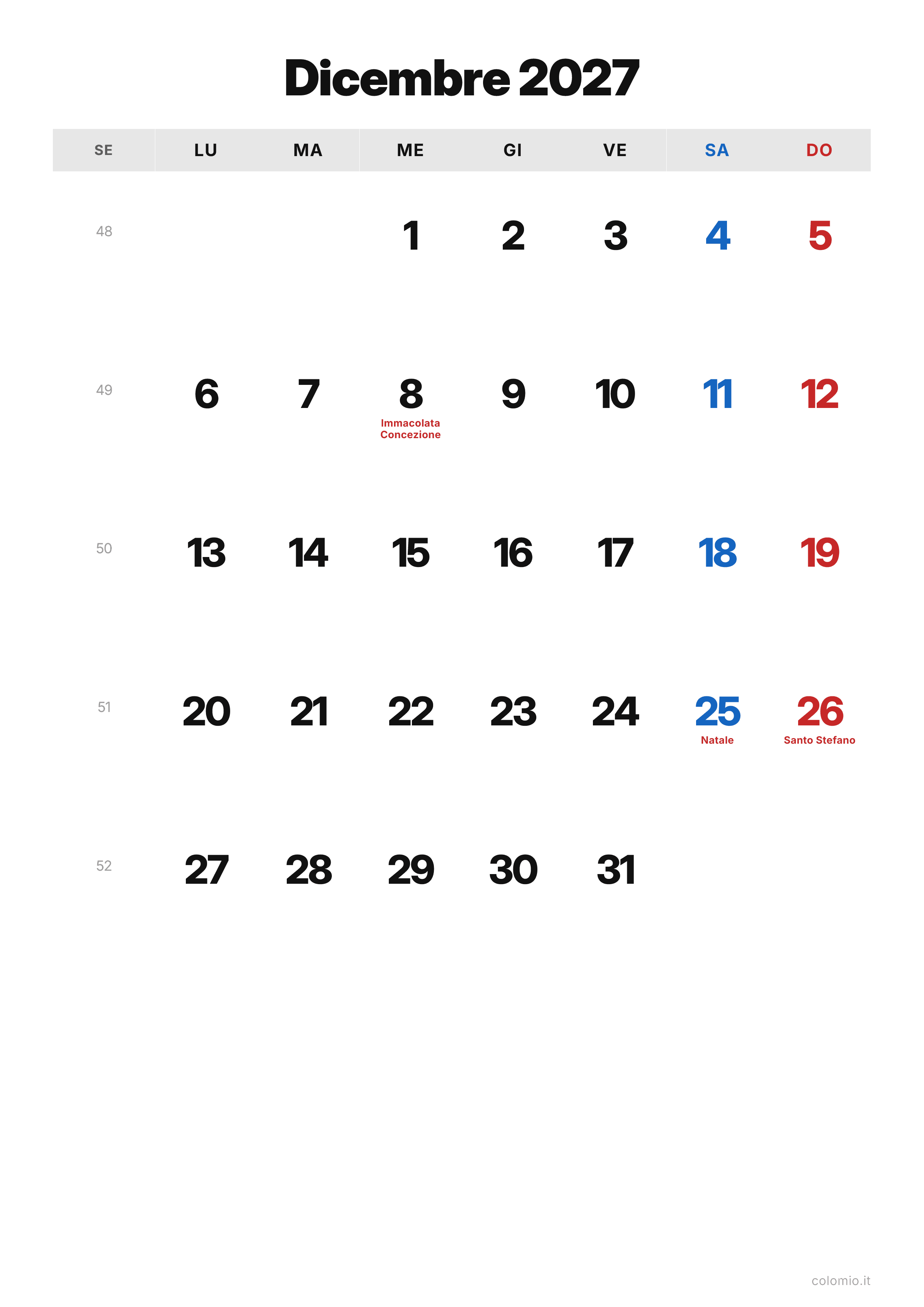 Calendario Dicembre 2027 classico · verticale, PDF da stampare