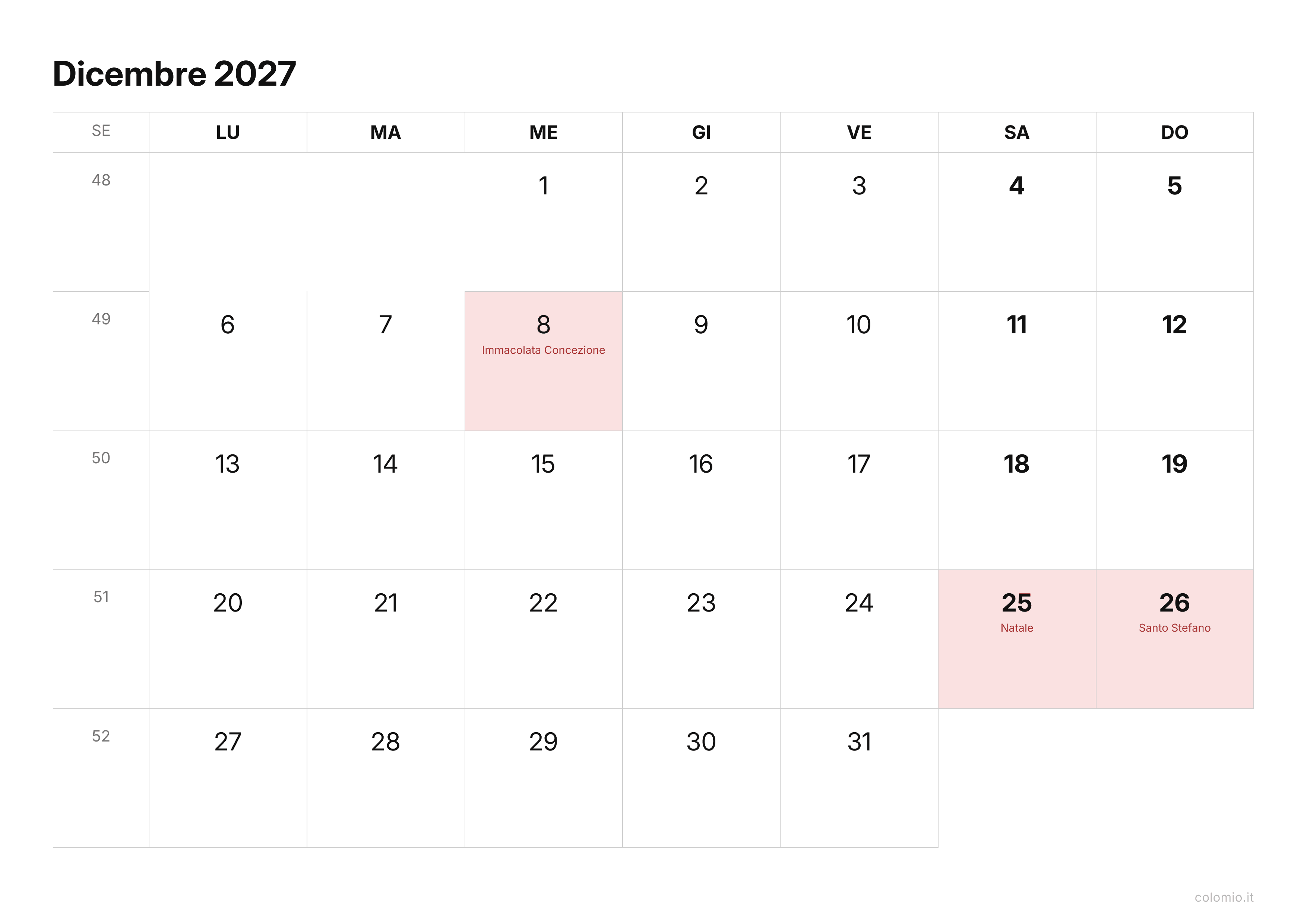 Calendario Dicembre 2027 essenziale · orizzontale, PDF da stampare