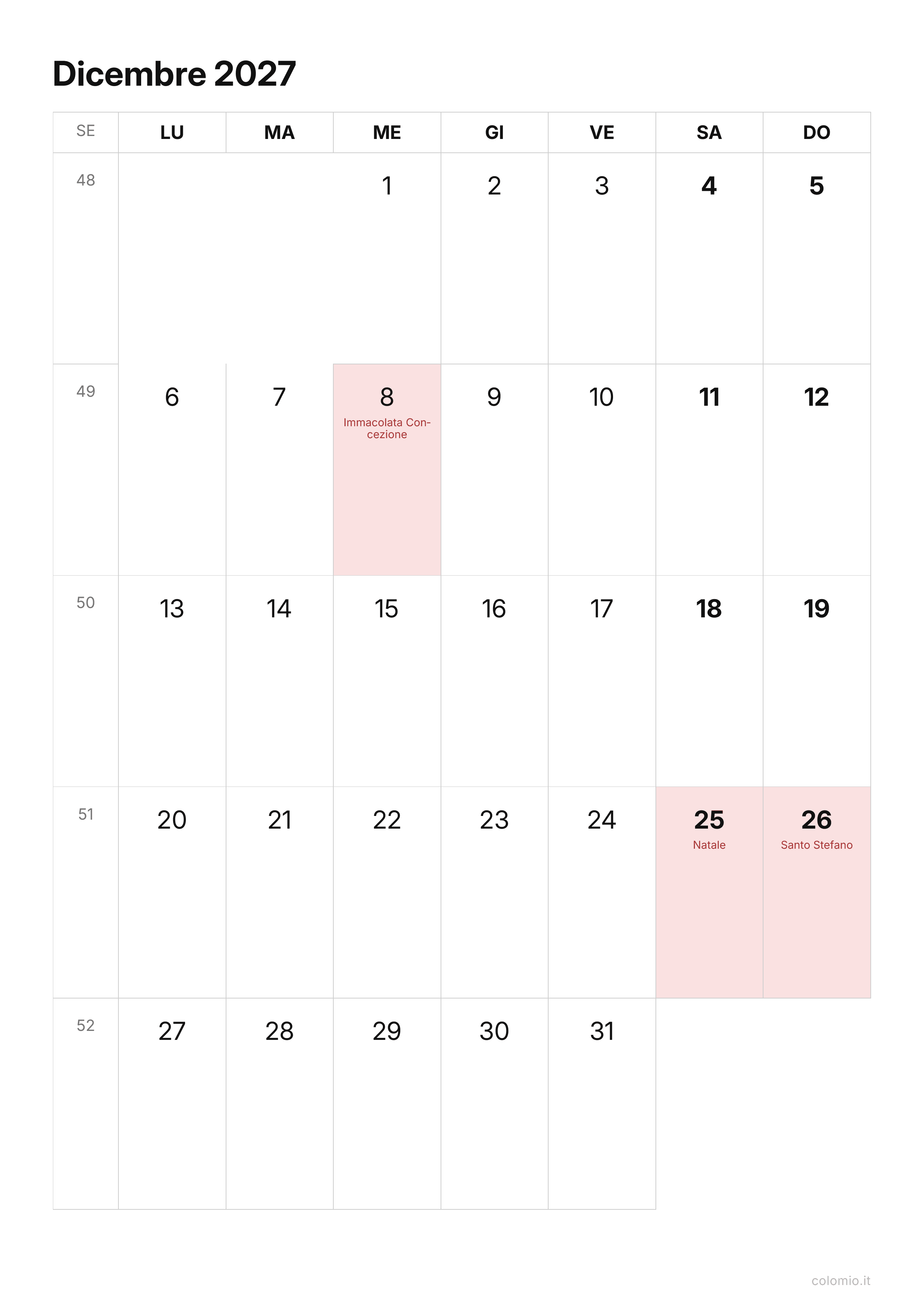 Calendario Dicembre 2027 essenziale · verticale, PDF da stampare