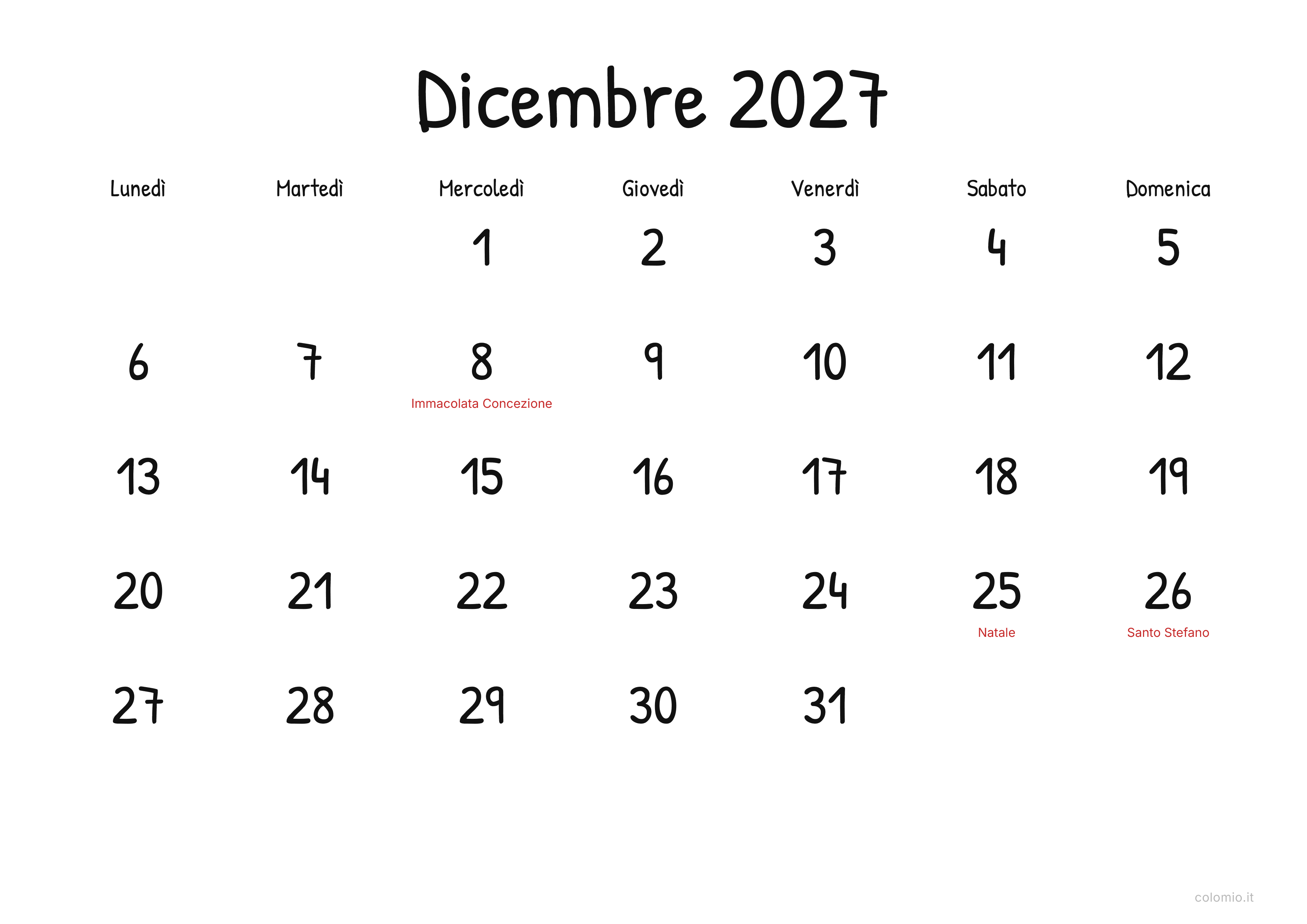 Calendario Dicembre 2027 display · orizzontale, PDF da stampare