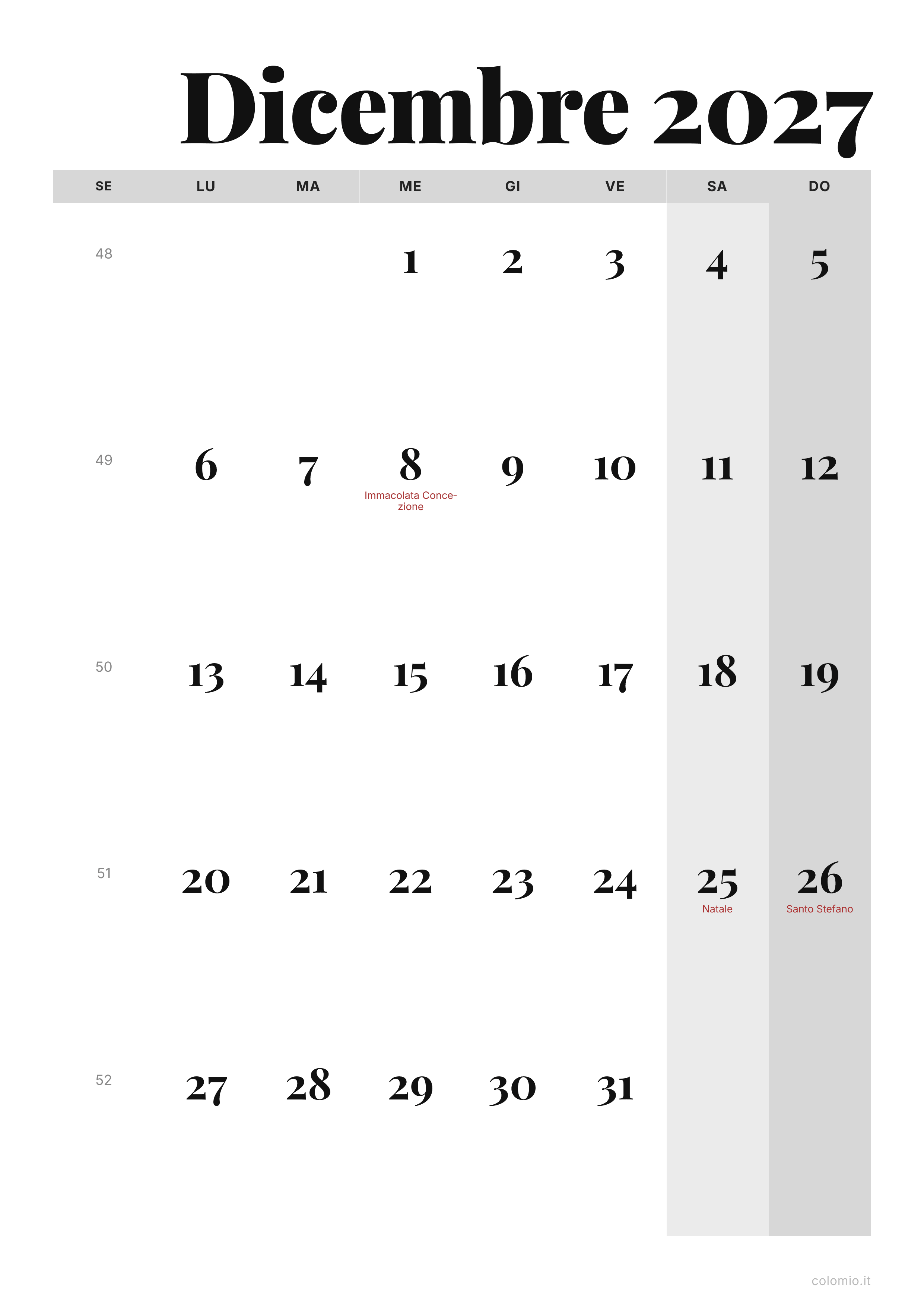 Calendario Dicembre 2027 editoriale · verticale, PDF da stampare